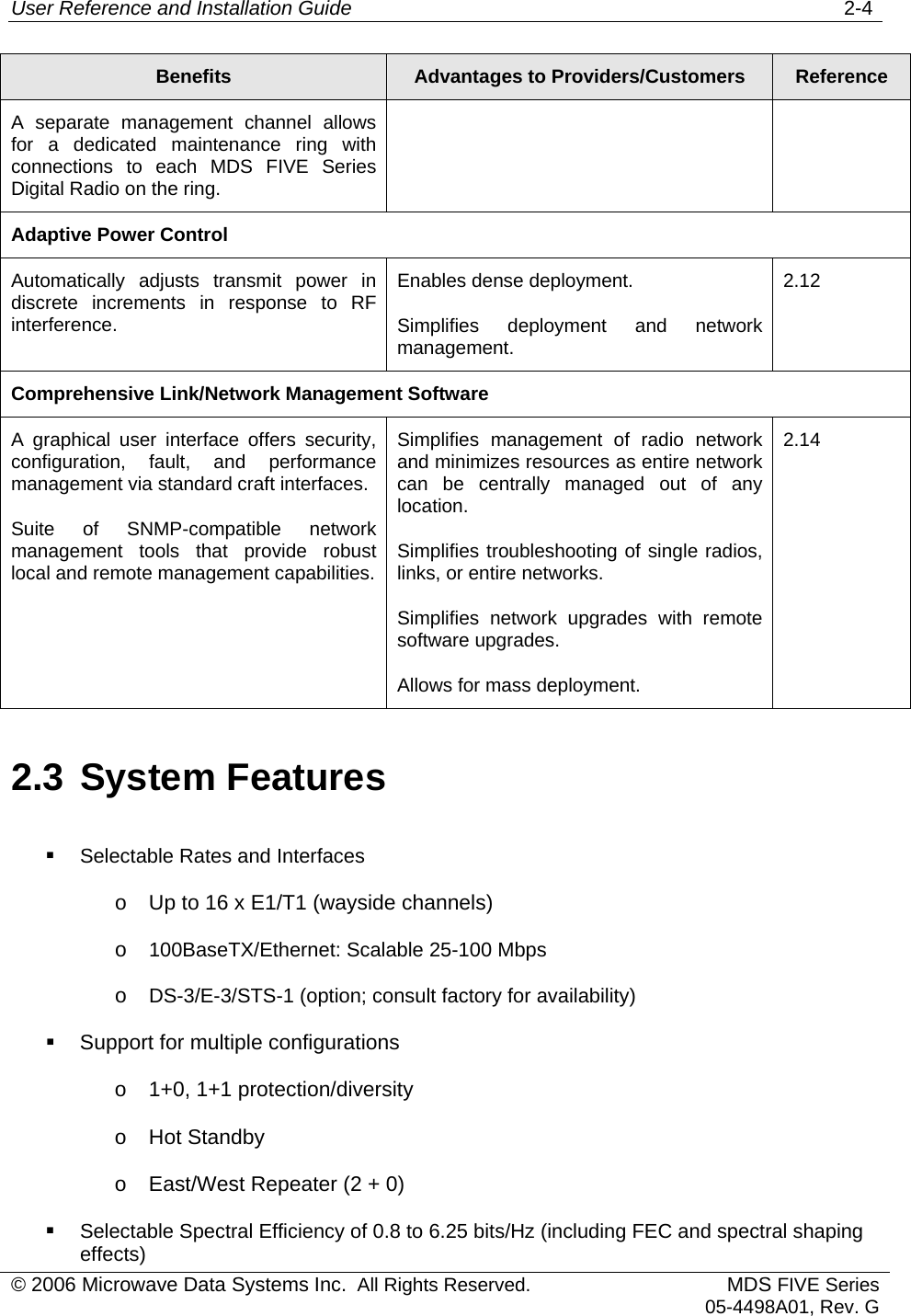 User Reference and Installation Guide   2-4 © 2006 Microwave Data Systems Inc.  All Rights Reserved. MDS FIVE Series05-4498A01, Rev. G Benefits  Advantages to Providers/Customers  Reference A separate management channel allows for a dedicated maintenance ring with connections to each MDS FIVE Series Digital Radio on the ring. Adaptive Power Control Automatically adjusts transmit power in discrete increments in response to RF interference. Enables dense deployment. Simplifies deployment and network management. 2.12Comprehensive Link/Network Management Software A graphical user interface offers security, configuration, fault, and performance management via standard craft interfaces. Suite of SNMP-compatible network management tools that provide robust local and remote management capabilities. Simplifies management of radio network and minimizes resources as entire network can be centrally managed out of any location. Simplifies troubleshooting of single radios, links, or entire networks. Simplifies network upgrades with remote software upgrades. Allows for mass deployment. 2.142.3 System Features   Selectable Rates and Interfaces o  Up to 16 x E1/T1 (wayside channels) o  100BaseTX/Ethernet: Scalable 25-100 Mbps o  DS-3/E-3/STS-1 (option; consult factory for availability)   Support for multiple configurations o  1+0, 1+1 protection/diversity o  Hot Standby o  East/West Repeater (2 + 0)   Selectable Spectral Efficiency of 0.8 to 6.25 bits/Hz (including FEC and spectral shaping effects) 