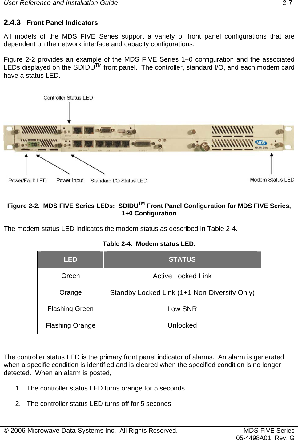 User Reference and Installation Guide   2-7 2.4.3  Front Panel Indicators All models of the MDS FIVE Series support a variety of front panel configurations that are dependent on the network interface and capacity configurations. Figure 2-2 provides an example of the MDS FIVE Series 1+0 configuration and the associated LEDs displayed on the SDIDUTM front panel.  The controller, standard I/O, and each modem card have a status LED.  Figure 2-2.  MDS FIVE Series LEDs:  SDIDUTM Front Panel Configuration for MDS FIVE Series, 1+0 Configuration The modem status LED indicates the modem status as described in Table 2-4. Table 2-4.  Modem status LED. LED STATUS Green Active Locked Link Orange  Standby Locked Link (1+1 Non-Diversity Only) Flashing Green  Low SNR Flashing Orange  Unlocked  The controller status LED is the primary front panel indicator of alarms.  An alarm is generated when a specific condition is identified and is cleared when the specified condition is no longer detected.  When an alarm is posted, 1.  The controller status LED turns orange for 5 seconds 2.  The controller status LED turns off for 5 seconds © 2006 Microwave Data Systems Inc.  All Rights Reserved. MDS FIVE Series05-4498A01, Rev. G 