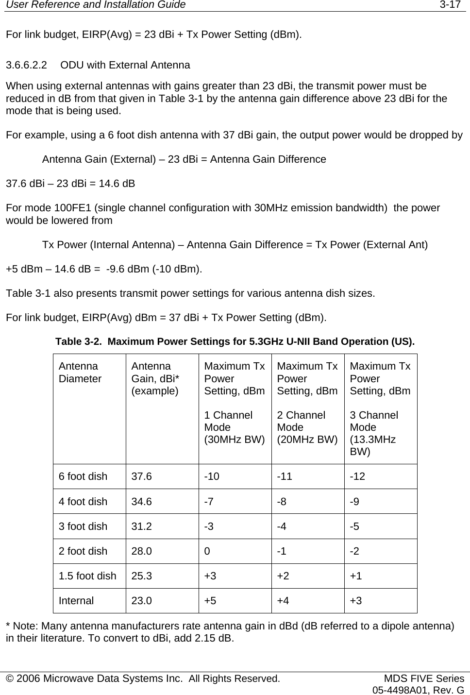 User Reference and Installation Guide   3-17 © 2006 Microwave Data Systems Inc.  All Rights Reserved. MDS FIVE Series05-4498A01, Rev. G For link budget, EIRP(Avg) = 23 dBi + Tx Power Setting (dBm).  3.6.6.2.2  ODU with External Antenna  When using external antennas with gains greater than 23 dBi, the transmit power must be reduced in dB from that given in Table 3-1 by the antenna gain difference above 23 dBi for the mode that is being used. For example, using a 6 foot dish antenna with 37 dBi gain, the output power would be dropped by    Antenna Gain (External) – 23 dBi = Antenna Gain Difference 37.6 dBi – 23 dBi = 14.6 dB For mode 100FE1 (single channel configuration with 30MHz emission bandwidth)  the power would be lowered from    Tx Power (Internal Antenna) – Antenna Gain Difference = Tx Power (External Ant) +5 dBm – 14.6 dB =  -9.6 dBm (-10 dBm).  Table 3-1 also presents transmit power settings for various antenna dish sizes. For link budget, EIRP(Avg) dBm = 37 dBi + Tx Power Setting (dBm). Table 3-2.  Maximum Power Settings for 5.3GHz U-NII Band Operation (US). Antenna Diameter  Antenna Gain, dBi* (example) Maximum Tx Power Setting, dBm 1 Channel Mode (30MHz BW) Maximum Tx Power Setting, dBm 2 Channel Mode (20MHz BW) Maximum Tx Power Setting, dBm 3 Channel Mode (13.3MHz BW) 6 foot dish  37.6  -10  -11  -12 4 foot dish  34.6  -7  -8  -9 3 foot dish  31.2  -3  -4  -5 2 foot dish  28.0  0  -1  -2 1.5 foot dish  25.3  +3  +2  +1 Internal 23.0 +5 +4 +3 * Note: Many antenna manufacturers rate antenna gain in dBd (dB referred to a dipole antenna) in their literature. To convert to dBi, add 2.15 dB. 