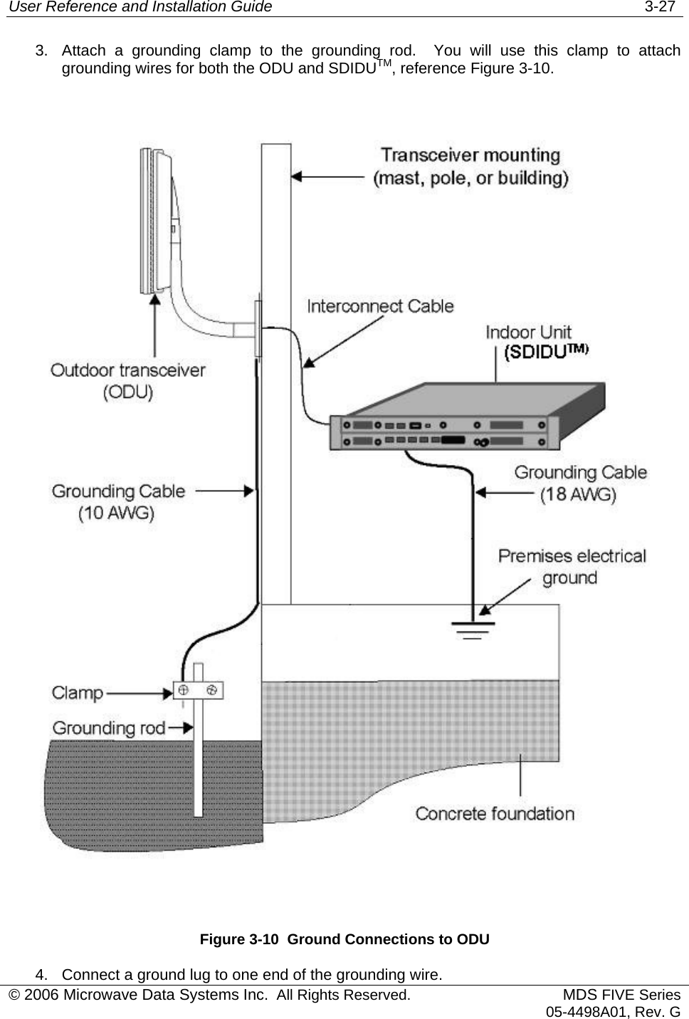 User Reference and Installation Guide   3-27 3.  Attach a grounding clamp to the grounding rod.  You will use this clamp to attach grounding wires for both the ODU and SDIDUTM, reference Figure 3-10.  Figure 3-10  Ground Connections to ODU © 2006 Microwave Data Systems Inc.  All Rights Reserved. MDS FIVE Series05-4498A01, Rev. G4.  Connect a ground lug to one end of the grounding wire.  