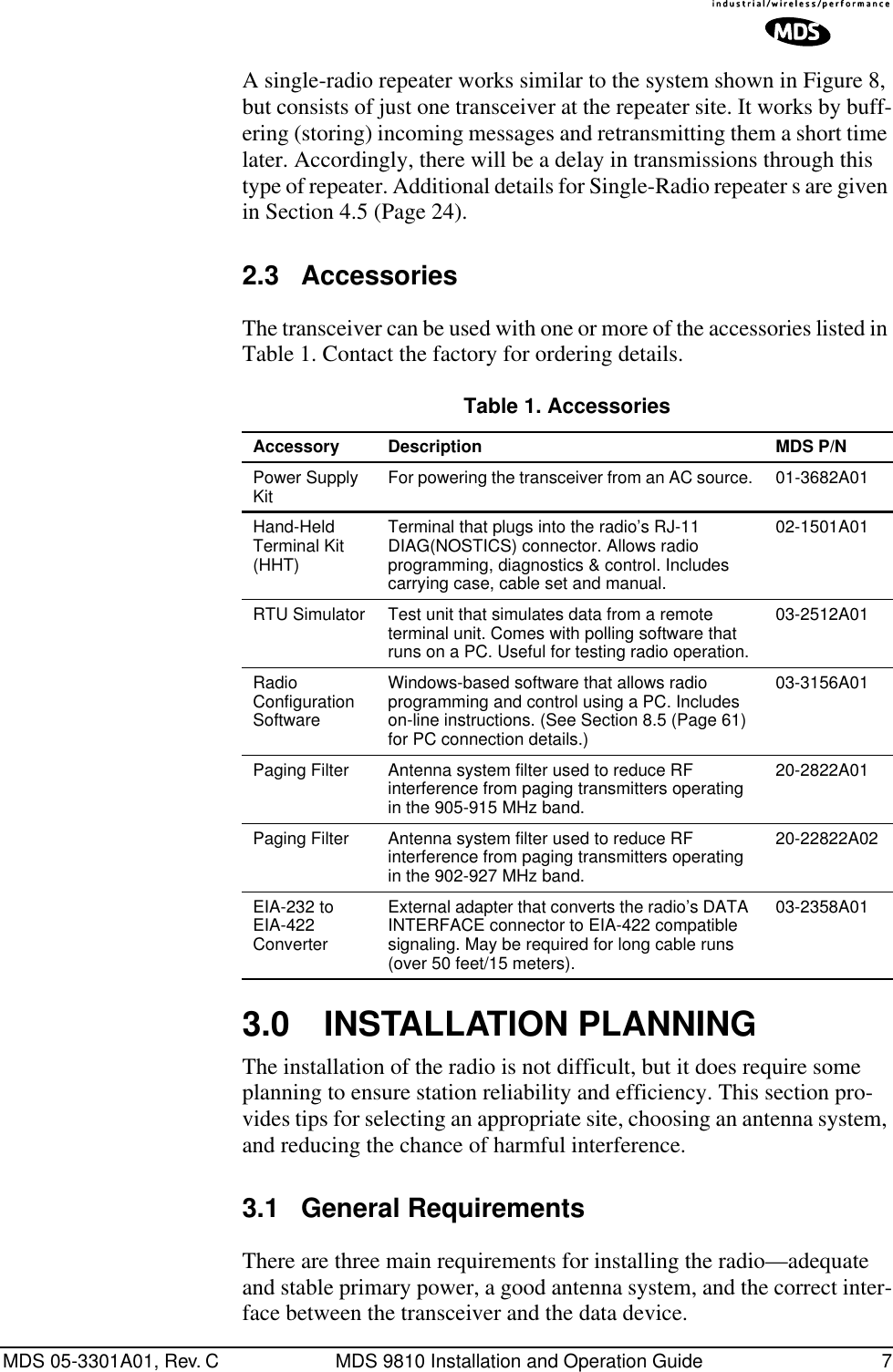  MDS 05-3301A01, Rev. C MDS 9810 Installation and Operation Guide 7 A single-radio repeater works similar to the system shown in Figure 8, but consists of just one transceiver at the repeater site. It works by buff-ering (storing) incoming messages and retransmitting them a short time later. Accordingly, there will be a delay in transmissions through this type of repeater. Additional details for Single-Radio repeater s are given in Section 4.5 (Page 24). 2.3 AccessoriesThe transceiver can be used with one or more of the accessories listed in Table 1. Contact the factory for ordering details.3.0 INSTALLATION PLANNINGThe installation of the radio is not difficult, but it does require some planning to ensure station reliability and efficiency. This section pro-vides tips for selecting an appropriate site, choosing an antenna system, and reducing the chance of harmful interference.3.1 General RequirementsThere are three main requirements for installing the radio—adequate and stable primary power, a good antenna system, and the correct inter-face between the transceiver and the data device.Table 1. Accessories  Accessory Description MDS P/NPower Supply Kit For powering the transceiver from an AC source. 01-3682A01Hand-HeldTerminal Kit(HHT)Terminal that plugs into the radio’s RJ-11 DIAG(NOSTICS) connector. Allows radio programming, diagnostics &amp; control. Includes carrying case, cable set and manual.02-1501A01RTU Simulator Test unit that simulates data from a remote terminal unit. Comes with polling software that runs on a PC. Useful for testing radio operation.03-2512A01Radio Configuration SoftwareWindows-based software that allows radio programming and control using a PC. Includes on-line instructions. (See Section 8.5 (Page 61) for PC connection details.)03-3156A01Paging Filter Antenna system filter used to reduce RF interference from paging transmitters operating in the 905-915 MHz band.20-2822A01Paging Filter Antenna system filter used to reduce RF interference from paging transmitters operating in the 902-927 MHz band.20-22822A02EIA-232 to EIA-422ConverterExternal adapter that converts the radio’s DATA INTERFACE connector to EIA-422 compatible signaling. May be required for long cable runs (over 50 feet/15 meters). 03-2358A01