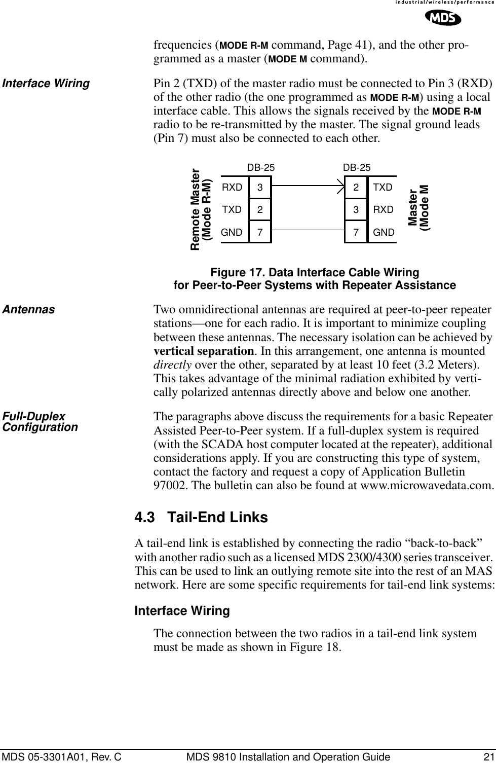 MDS 05-3301A01, Rev. C MDS 9810 Installation and Operation Guide 21frequencies (MODE R-M command, Page 41), and the other pro-grammed as a master (MODE M command).Interface Wiring Pin 2 (TXD) of the master radio must be connected to Pin 3 (RXD) of the other radio (the one programmed as MODE R-M) using a local interface cable. This allows the signals received by the MODE R-M radio to be re-transmitted by the master. The signal ground leads (Pin 7) must also be connected to each other.Invisible place holderFigure 17. Data Interface Cable Wiringfor Peer-to-Peer Systems with Repeater AssistanceAntennas Two omnidirectional antennas are required at peer-to-peer repeater stations—one for each radio. It is important to minimize coupling between these antennas. The necessary isolation can be achieved by vertical separation. In this arrangement, one antenna is mounted directly over the other, separated by at least 10 feet (3.2 Meters). This takes advantage of the minimal radiation exhibited by verti-cally polarized antennas directly above and below one another.Full-Duplex Configuration The paragraphs above discuss the requirements for a basic Repeater Assisted Peer-to-Peer system. If a full-duplex system is required (with the SCADA host computer located at the repeater), additional considerations apply. If you are constructing this type of system, contact the factory and request a copy of Application Bulletin 97002. The bulletin can also be found at www.microwavedata.com.4.3 Tail-End LinksA tail-end link is established by connecting the radio “back-to-back” with another radio such as a licensed MDS 2300/4300 series transceiver. This can be used to link an outlying remote site into the rest of an MAS network. Here are some specific requirements for tail-end link systems:Interface WiringThe connection between the two radios in a tail-end link system must be made as shown in Figure 18.DB-25 DB-25Master(Mode M327237Remote Master(Mode R-M)RXDTXDGNDTXDRXDGND