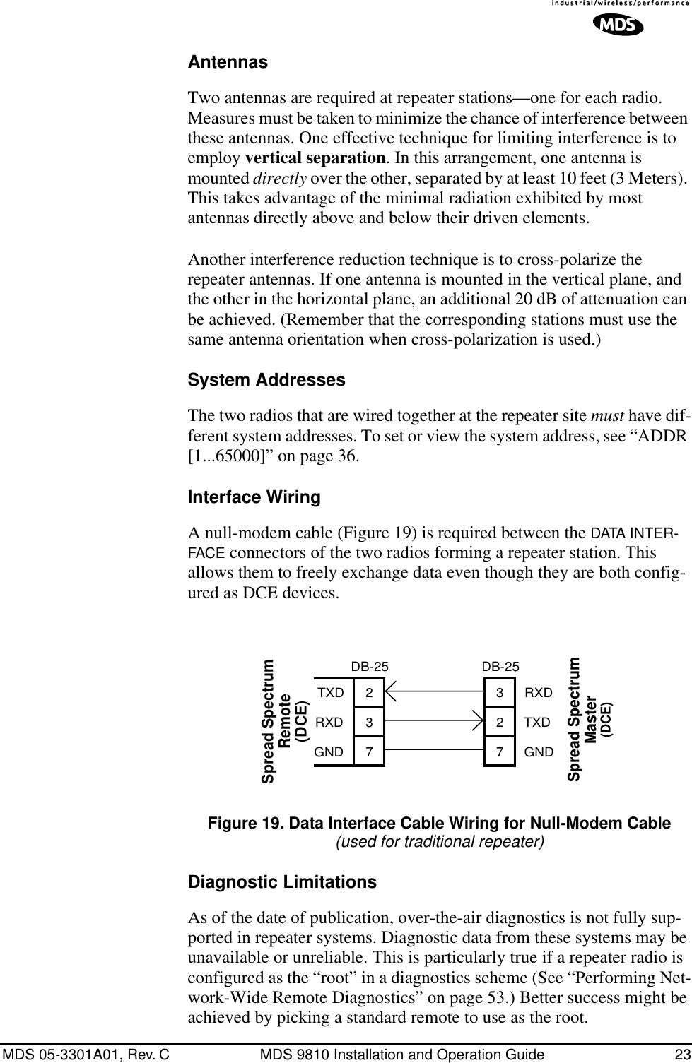 MDS 05-3301A01, Rev. C MDS 9810 Installation and Operation Guide 23AntennasTwo antennas are required at repeater stations—one for each radio. Measures must be taken to minimize the chance of interference between these antennas. One effective technique for limiting interference is to employ vertical separation. In this arrangement, one antenna is mounted directly over the other, separated by at least 10 feet (3 Meters). This takes advantage of the minimal radiation exhibited by most antennas directly above and below their driven elements.Another interference reduction technique is to cross-polarize the repeater antennas. If one antenna is mounted in the vertical plane, and the other in the horizontal plane, an additional 20 dB of attenuation can be achieved. (Remember that the corresponding stations must use the same antenna orientation when cross-polarization is used.)System AddressesThe two radios that are wired together at the repeater site must have dif-ferent system addresses. To set or view the system address, see “ADDR [1...65000]” on page 36.Interface WiringA null-modem cable (Figure 19) is required between the DATA INTER-FACE connectors of the two radios forming a repeater station. This allows them to freely exchange data even though they are both config-ured as DCE devices.Invisible place holderFigure 19. Data Interface Cable Wiring for Null-Modem Cable(used for traditional repeater)Diagnostic LimitationsAs of the date of publication, over-the-air diagnostics is not fully sup-ported in repeater systems. Diagnostic data from these systems may be unavailable or unreliable. This is particularly true if a repeater radio is configured as the “root” in a diagnostics scheme (See “Performing Net-work-Wide Remote Diagnostics” on page 53.) Better success might be achieved by picking a standard remote to use as the root.DB-25 DB-25Spread Spectrum Master(DCE)237327Spread Spectrum Remote(DCE)TXDRXDGNDRXDTXDGND