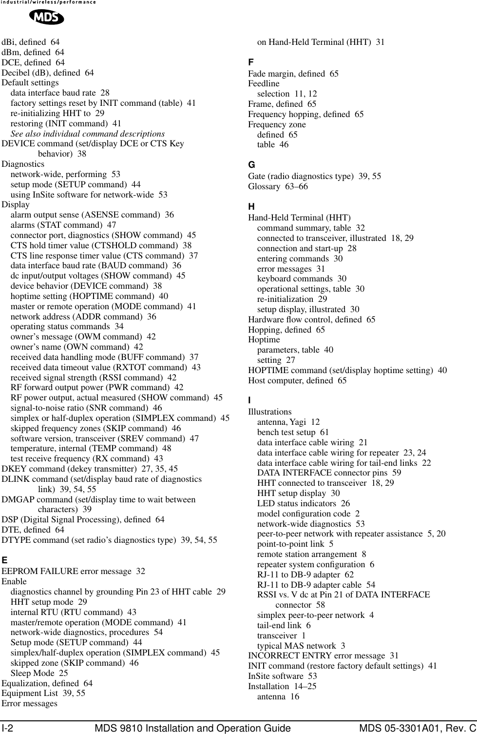 I-2 MDS 9810 Installation and Operation Guide MDS 05-3301A01, Rev. CdBi, deﬁned 64dBm, deﬁned 64DCE, deﬁned 64Decibel (dB), deﬁned 64Default settingsdata interface baud rate 28factory settings reset by INIT command (table) 41re-initializing HHT to 29restoring (INIT command) 41See also individual command descriptionsDEVICE command (set/display DCE or CTS Key behavior) 38Diagnosticsnetwork-wide, performing 53setup mode (SETUP command) 44using InSite software for network-wide 53Displayalarm output sense (ASENSE command) 36alarms (STAT command) 47connector port, diagnostics (SHOW command) 45CTS hold timer value (CTSHOLD command) 38CTS line response timer value (CTS command) 37data interface baud rate (BAUD command) 36dc input/output voltages (SHOW command) 45device behavior (DEVICE command) 38hoptime setting (HOPTIME command) 40master or remote operation (MODE command) 41network address (ADDR command) 36operating status commands 34owner’s message (OWM command) 42owner’s name (OWN command) 42received data handling mode (BUFF command) 37received data timeout value (RXTOT command) 43received signal strength (RSSI command) 42RF forward output power (PWR command) 42RF power output, actual measured (SHOW command) 45signal-to-noise ratio (SNR command) 46simplex or half-duplex operation (SIMPLEX command) 45skipped frequency zones (SKIP command) 46software version, transceiver (SREV command) 47temperature, internal (TEMP command) 48test receive frequency (RX command) 43DKEY command (dekey transmitter) 27, 35, 45DLINK command (set/display baud rate of diagnostics link) 39, 54, 55DMGAP command (set/display time to wait between characters) 39DSP (Digital Signal Processing), deﬁned 64DTE, deﬁned 64DTYPE command (set radio’s diagnostics type) 39, 54, 55EEEPROM FAILURE error message 32Enablediagnostics channel by grounding Pin 23 of HHT cable 29HHT setup mode 29internal RTU (RTU command) 43master/remote operation (MODE command) 41network-wide diagnostics, procedures 54Setup mode (SETUP command) 44simplex/half-duplex operation (SIMPLEX command) 45skipped zone (SKIP command) 46Sleep Mode 25Equalization, deﬁned 64Equipment List 39, 55Error messageson Hand-Held Terminal (HHT) 31FFade margin, deﬁned 65Feedlineselection 11, 12Frame, deﬁned 65Frequency hopping, deﬁned 65Frequency zonedeﬁned 65table 46GGate (radio diagnostics type) 39, 55Glossary 63–66HHand-Held Terminal (HHT)command summary, table 32connected to transceiver, illustrated 18, 29connection and start-up 28entering commands 30error messages 31keyboard commands 30operational settings, table 30re-initialization 29setup display, illustrated 30Hardware ﬂow control, deﬁned 65Hopping, deﬁned 65Hoptimeparameters, table 40setting 27HOPTIME command (set/display hoptime setting) 40Host computer, deﬁned 65IIllustrationsantenna, Yagi 12bench test setup 61data interface cable wiring 21data interface cable wiring for repeater 23, 24data interface cable wiring for tail-end links 22DATA INTERFACE connector pins 59HHT connected to transceiver 18, 29HHT setup display 30LED status indicators 26model conﬁguration code 2network-wide diagnostics 53peer-to-peer network with repeater assistance 5, 20point-to-point link 5remote station arrangement 8repeater system conﬁguration 6RJ-11 to DB-9 adapter 62RJ-11 to DB-9 adapter cable 54RSSI vs. V dc at Pin 21 of DATA INTERFACE connector 58simplex peer-to-peer network 4tail-end link 6transceiver 1typical MAS network 3INCORRECT ENTRY error message 31INIT command (restore factory default settings) 41InSite software 53Installation 14–25antenna 16