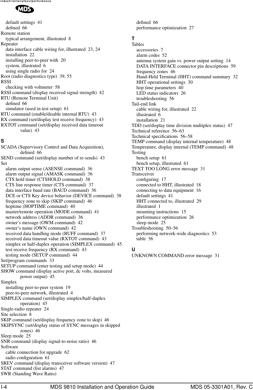 I-4 MDS 9810 Installation and Operation Guide MDS 05-3301A01, Rev. Cdefault settings 41deﬁned 66Remote stationtypical arrangement, illustrated 8Repeaterdata interface cable wiring for, illustrated 23, 24installation 22installing peer-to-peer with 20system, illustrated 6using single radio for 24Root (radio diagnostics type) 39, 55RSSIchecking with voltmeter 58RSSI command (display received signal strength) 42RTU (Remote Terminal Unit)deﬁned 66simulator (used in test setup) 61RTU command (enable/disable internal RTU) 43RX command (set/display test receive frequency) 43RXTOT command (set/display received data timeout value) 43SSCADA (Supervisory Control and Data Acquisition), deﬁned 66SEND command (set/display number of re-sends) 43Setalarm output sense (ASENSE command) 36alarm output signal (AMASK command) 36CTS hold timer (CTSHOLD command) 38CTS line response timer (CTS command) 37data interface baud rate (BAUD command) 36DCE or CTS Key device behavior (DEVICE command) 38frequency zone to skip (SKIP command) 46hoptime (HOPTIME command) 40master/remote operation (MODE command) 41network address (ADDR command) 36owner’s message (OWM command) 42owner’s name (OWN command) 42received data handling mode (BUFF command) 37received data timeout value (RXTOT command) 43simplex or half-duplex operation (SIMPLEX command) 45test receive frequency (RX command) 43testing mode (SETUP command) 44Set/program commands 33SETUP command (enter testing and setup mode) 44SHOW command (display active port, dc volts, measured power output) 45Simplexinstalling peer-to-peer system 19peer-to-peer network, illustrated 4SIMPLEX command (set/display simplex/half-duplex operation) 45Single-radio repeater 24Site selection 8SKIP command (set/display frequency zone to skip) 46SKIPSYNC (set/display status of SYNC messages in skipped zones) 46Sleep mode 25SNR command (display signal-to-noise ratio) 46Softwarecable connection for upgrade 62radio conﬁguration 61SREV command (display transceiver software version) 47STAT command (list alarms) 47SWR (Standing Wave Ratio)deﬁned 66performance optimization 27TTablesaccessories 7alarm codes 52antenna system gain vs. power output setting 14DATA INTERFACE connector pin descriptions 59frequency zones 46Hand-Held Terminal (HHT) command summary 32HHT operational settings 30hop time parameters 40LED status indicators 26troubleshooting 56Tail-end linkcable wiring for, illustrated 22illustrated 6installation 21TDD (set/display time division multiplex status) 47Technical reference 56–63Technical speciﬁcations 56–58TEMP command (display internal temperature) 48Temperature, display internal (TEMP command) 48Testingbench setup 61bench setup, illustrated 61TEXT TOO LONG error message 31Transceiverconﬁguring 17connected to HHT, illustrated 18connecting to data equipment 16default settings 41HHT connected to, illustrated 29illustrated 1mounting instructions 15performance optimization 26sleep mode 25Troubleshooting 50–56performing network-wide diagnostics 53table 56UUNKNOWN COMMAND error message 31