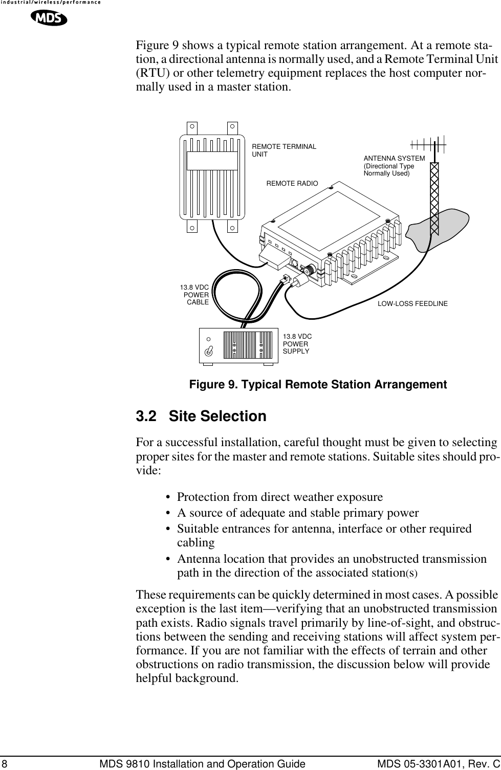 8 MDS 9810 Installation and Operation Guide MDS 05-3301A01, Rev. CFigure 9 shows a typical remote station arrangement. At a remote sta-tion, a directional antenna is normally used, and a Remote Terminal Unit (RTU) or other telemetry equipment replaces the host computer nor-mally used in a master station.Invisible place holderFigure 9. Typical Remote Station Arrangement3.2 Site SelectionFor a successful installation, careful thought must be given to selecting proper sites for the master and remote stations. Suitable sites should pro-vide:• Protection from direct weather exposure• A source of adequate and stable primary power• Suitable entrances for antenna, interface or other required cabling• Antenna location that provides an unobstructed transmission path in the direction of the associated station(s)These requirements can be quickly determined in most cases. A possible exception is the last item—verifying that an unobstructed transmission path exists. Radio signals travel primarily by line-of-sight, and obstruc-tions between the sending and receiving stations will affect system per-formance. If you are not familiar with the effects of terrain and other obstructions on radio transmission, the discussion below will provide helpful background.13.8 VDCPOWER CABLE13.8 VDC POWER SUPPLY REMOTE TERMINAL UNIT ANTENNA SYSTEM(Directional Type Normally Used)LOW-LOSS FEEDLINEREMOTE RADIO