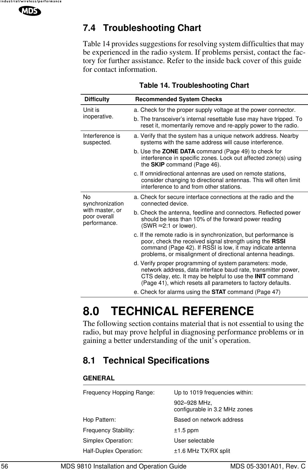 56 MDS 9810 Installation and Operation Guide MDS 05-3301A01, Rev. C7.4 Troubleshooting ChartTable 14 provides suggestions for resolving system difficulties that may be experienced in the radio system. If problems persist, contact the fac-tory for further assistance. Refer to the inside back cover of this guide for contact information.8.0 TECHNICAL REFERENCEThe following section contains material that is not essential to using the radio, but may prove helpful in diagnosing performance problems or in gaining a better understanding of the unit’s operation.8.1 Technical SpecificationsGENERALFrequency Hopping Range: Up to 1019 frequencies within:902–928 MHz,configurable in 3.2 MHz zonesHop Pattern: Based on network addressFrequency Stability: ±1.5 ppmSimplex Operation: User selectableHalf-Duplex Operation: ±1.6 MHz TX/RX splitTable 14. Troubleshooting ChartDifficulty Recommended System ChecksUnit isinoperative. a. Check for the proper supply voltage at the power connector.b. The transceiver’s internal resettable fuse may have tripped. To reset it, momentarily remove and re-apply power to the radio.Interference is suspected. a. Verify that the system has a unique network address. Nearby systems with the same address will cause interference.b. Use the ZONE DATA command (Page 49) to check for interference in specific zones. Lock out affected zone(s) using the SKIP command (Page 46).c. If omnidirectional antennas are used on remote stations, consider changing to directional antennas. This will often limit interference to and from other stations.No synchronization with master, or poor overall performance.a. Check for secure interface connections at the radio and the connected device.b. Check the antenna, feedline and connectors. Reflected power should be less than 10% of the forward power reading (SWR ≈2:1 or lower).c. If the remote radio is in synchronization, but performance is poor, check the received signal strength using the RSSI command (Page 42). If RSSI is low, it may indicate antenna problems, or misalignment of directional antenna headings.d. Verify proper programming of system parameters: mode, network address, data interface baud rate, transmitter power, CTS delay, etc. It may be helpful to use the INIT command (Page 41), which resets all parameters to factory defaults.e. Check for alarms using the STAT command (Page 47)