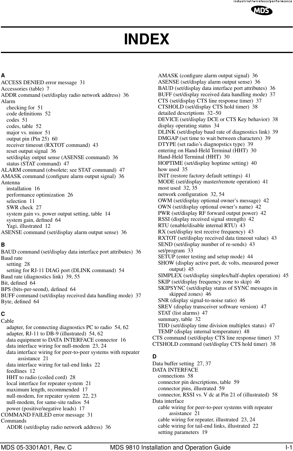 MDS 05-3301A01, Rev. C MDS 9810 Installation and Operation Guide I-1INDEXAACCESS DENIED error message 31Accessories (table) 7ADDR command (set/display radio network address) 36Alarmchecking for 51code deﬁnitions 52codes 51codes, table 52major vs. minor 51output pin (Pin 25) 60receiver timeout (RXTOT command) 43reset output signal 36set/display output sense (ASENSE command) 36status (STAT command) 47ALARM command (obsolete; see STAT command) 47AMASK command (conﬁgure alarm output signal) 36Antennainstallation 16performance optimization 26selection 11SWR check 27system gain vs. power output setting, table 14system gain, deﬁned 64Yagi, illustrated 12ASENSE command (set/display alarm output sense) 36BBAUD command (set/display data interface port attributes) 36Baud ratesetting 28setting for RJ-11 DIAG port (DLINK command) 54Baud rate (diagnostics link) 39, 55Bit, deﬁned 64BPS (bits-per-seond), deﬁned 64BUFF command (set/display received data handling mode) 37Byte, deﬁned 64CCableadapter, for connecting diagnostics PC to radio 54, 62adapter, RJ-11 to DB-9 (illustrated) 54, 62data equipment to DATA INTERFACE connector 16data interface wiring for null-modem 23, 24data interface wiring for peer-to-peer systems with repeater assistance 21data interface wiring for tail-end links 22feedlines 12HHT to radio (coiled cord) 28local interface for repeater system 21maximum length, recommended 17null-modem, for repeater system 22, 23null-modem, for same-site radios 54power (positive/negative leads) 17COMMAND FAILED error message 31CommandsADDR (set/display radio network address) 36AMASK (conﬁgure alarm output signal) 36ASENSE (set/display alarm output sense) 36BAUD (set/display data interface port attributes) 36BUFF (set/display received data handling mode) 37CTS (set/display CTS line response timer) 37CTSHOLD (set/display CTS hold timer) 38detailed descriptions 32–50DEVICE (set/display DCE or CTS Key behavior) 38display operating status 34DLINK (set/display baud rate of diagnostics link) 39DMGAP (set time to wait between characters) 39DTYPE (set radio’s diagnopstics type) 39entering on Hand-Held Terminal (HHT) 30Hand-Held Terminal (HHT) 30HOPTIME (set/display hoptime setting) 40how used 35INIT (restore factory default settings) 41MODE (set/display master/remote operation) 41most used 32, 35network conﬁguration 32, 54OWM (set/display optional owner’s message) 42OWN (set/display optional owner’s name) 42PWR (set/display RF forward output power) 42RSSI (display received signal strength) 42RTU (enable/disable internal RTU) 43RX (set/display test receive frequency) 43RXTOT (set/display received data timeout value) 43SEND (set/display number of re-sends) 43set/program 33SETUP (enter testing and setup mode) 44SHOW (display active port, dc volts, measured power output) 45SIMPLEX (set/display simplex/half-duplex operation) 45SKIP (set/display frequency zone to skip) 46SKIPSYNC (set/display status of SYNC messages in skipped zones) 46SNR (display signal-to-noise ratio) 46SREV (display transceiver software version) 47STAT (list alarms) 47summary, table 32TDD (set/display time division multiplex status) 47TEMP (display internal temperature) 48CTS command (set/display CTS line response timer) 37CTSHOLD command (set/display CTS hold timer) 38DData buffer setting 27, 37DATA INTERFACEconnections 58connector pin descriptions, table 59connector pins, illustrated 59connector, RSSI vs. V dc at Pin 21 of (illustrated) 58Data interfacecable wiring for peer-to-peer systems with repeater assistance 21cable wiring for repeater, illustrated 23, 24cable wiring for tail-end links, illustrated 22setting parameters 19