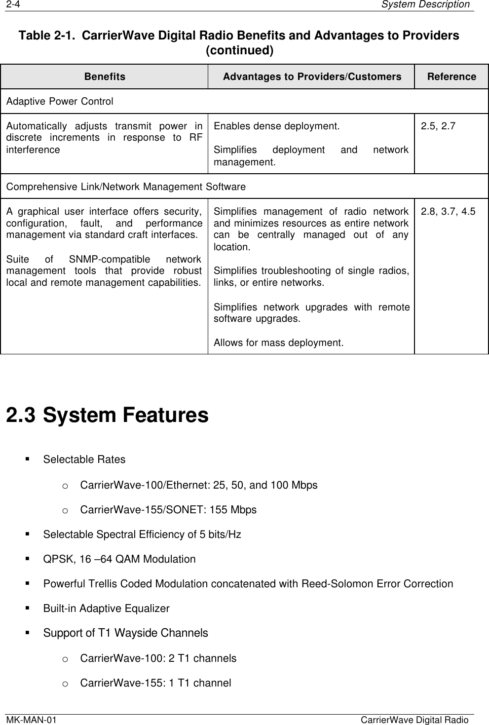 2-4 System DescriptionMK-MAN-01  CarrierWave Digital RadioTable 2-1.  CarrierWave Digital Radio Benefits and Advantages to Providers(continued)Benefits Advantages to Providers/Customers ReferenceAdaptive Power ControlAutomatically adjusts transmit power indiscrete increments in response to RFinterferenceEnables dense deployment.Simplifies deployment and networkmanagement.2.5, 2.7Comprehensive Link/Network Management SoftwareA graphical user interface offers security,configuration, fault, and performancemanagement via standard craft interfaces.Suite of SNMP-compatible networkmanagement tools that provide robustlocal and remote management capabilities.Simplifies management of radio networkand minimizes resources as entire networkcan be centrally managed out of anylocation.Simplifies troubleshooting of single radios,links, or entire networks.Simplifies network upgrades with remotesoftware upgrades.Allows for mass deployment.2.8, 3.7, 4.52.3 System Features§ Selectable Rateso CarrierWave-100/Ethernet: 25, 50, and 100 Mbpso CarrierWave-155/SONET: 155 Mbps§ Selectable Spectral Efficiency of 5 bits/Hz§ QPSK, 16 –64 QAM Modulation§ Powerful Trellis Coded Modulation concatenated with Reed-Solomon Error Correction§ Built-in Adaptive Equalizer§ Support of T1 Wayside Channelso CarrierWave-100: 2 T1 channelso CarrierWave-155: 1 T1 channel