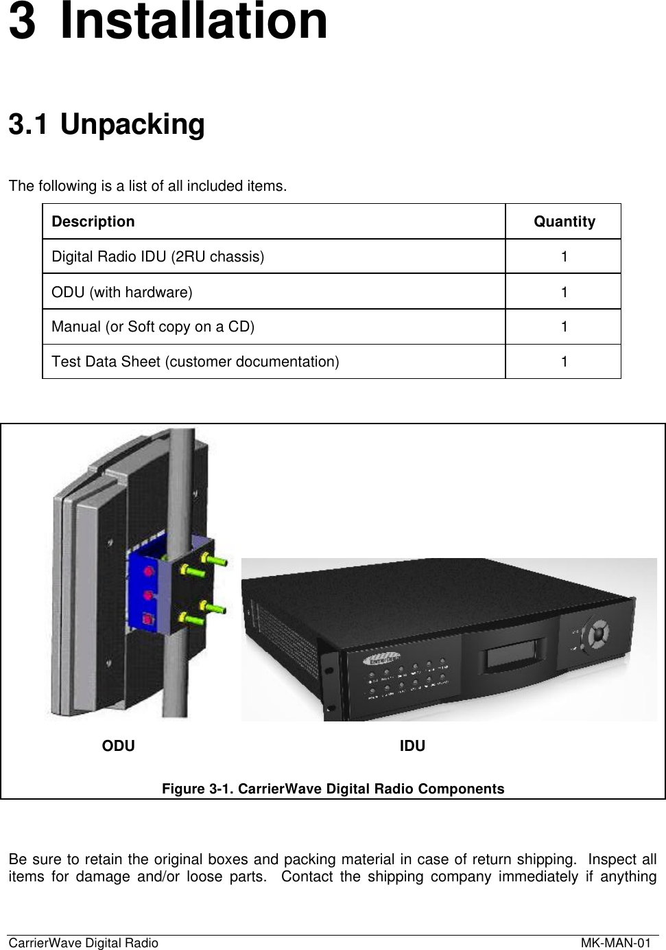 CarrierWave Digital Radio  MK-MAN-013 Installation3.1 UnpackingThe following is a list of all included items.Description QuantityDigital Radio IDU (2RU chassis) 1ODU (with hardware) 1Manual (or Soft copy on a CD) 1Test Data Sheet (customer documentation) 1Figure 3-1. CarrierWave Digital Radio ComponentsBe sure to retain the original boxes and packing material in case of return shipping.  Inspect allitems for damage and/or loose parts.  Contact the shipping company immediately if anythingIDUODU