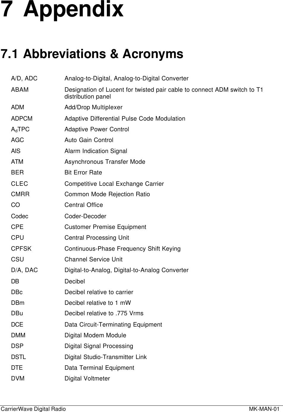 CarrierWave Digital Radio  MK-MAN-017 Appendix7.1 Abbreviations &amp; AcronymsA/D, ADC Analog-to-Digital, Analog-to-Digital ConverterABAM Designation of Lucent for twisted pair cable to connect ADM switch to T1distribution panelADM Add/Drop MultiplexerADPCM Adaptive Differential Pulse Code ModulationAdTPC Adaptive Power ControlAGC Auto Gain ControlAIS Alarm Indication SignalATM Asynchronous Transfer ModeBER Bit Error RateCLEC Competitive Local Exchange CarrierCMRR Common Mode Rejection RatioCO Central OfficeCodec Coder-DecoderCPE Customer Premise EquipmentCPU Central Processing UnitCPFSK Continuous-Phase Frequency Shift KeyingCSU Channel Service UnitD/A, DAC Digital-to-Analog, Digital-to-Analog ConverterDB DecibelDBc Decibel relative to carrierDBm Decibel relative to 1 mWDBu Decibel relative to .775 VrmsDCE Data Circuit-Terminating EquipmentDMM Digital Modem ModuleDSP Digital Signal ProcessingDSTL Digital Studio-Transmitter LinkDTE Data Terminal EquipmentDVM Digital Voltmeter