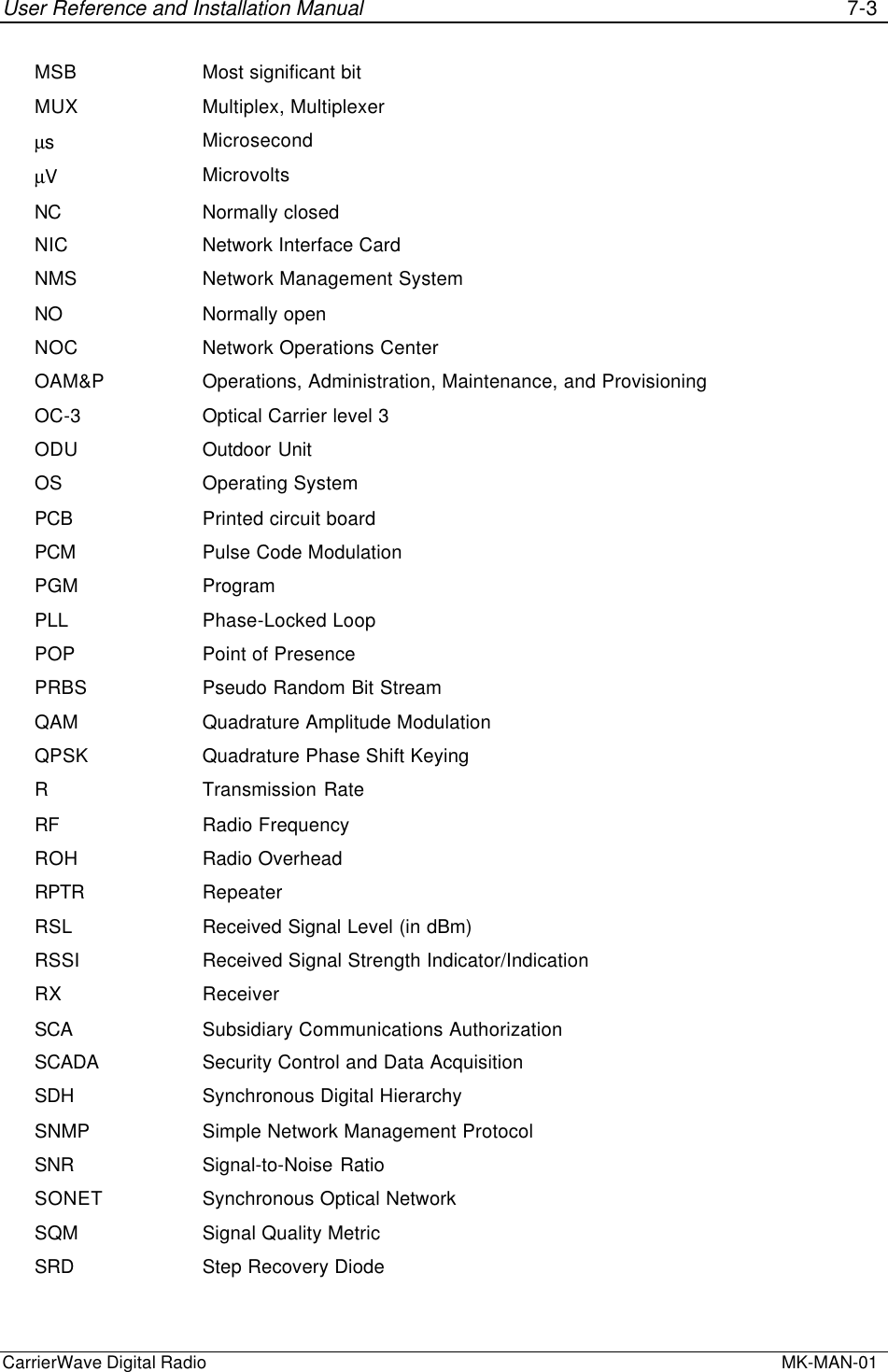 User Reference and Installation Manual 7-3CarrierWave Digital Radio  MK-MAN-01MSB Most significant bitMUX Multiplex, MultiplexerµsMicrosecondµVMicrovoltsNC Normally closedNIC Network Interface CardNMS Network Management SystemNO Normally openNOC Network Operations CenterOAM&amp;P Operations, Administration, Maintenance, and ProvisioningOC-3 Optical Carrier level 3ODU Outdoor UnitOS Operating SystemPCB Printed circuit boardPCM Pulse Code ModulationPGM ProgramPLL Phase-Locked LoopPOP Point of PresencePRBS Pseudo Random Bit StreamQAM Quadrature Amplitude ModulationQPSK Quadrature Phase Shift KeyingRTransmission RateRF Radio FrequencyROH Radio OverheadRPTR RepeaterRSL Received Signal Level (in dBm)RSSI Received Signal Strength Indicator/IndicationRX ReceiverSCA Subsidiary Communications AuthorizationSCADA Security Control and Data AcquisitionSDH Synchronous Digital HierarchySNMP Simple Network Management ProtocolSNR Signal-to-Noise RatioSONET Synchronous Optical NetworkSQM Signal Quality MetricSRD Step Recovery Diode