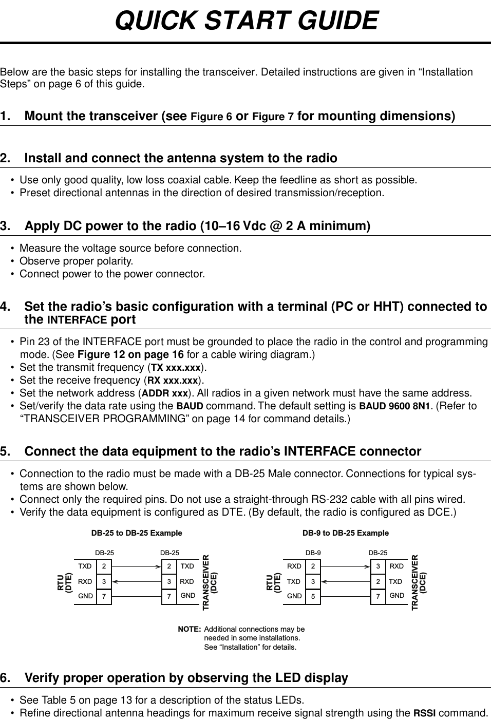  QUICK START GUIDE Below are the basic steps for installing the transceiver. Detailed instructions are given in “Installation Steps” on page 6 of this guide. 1. Mount the transceiver (see  Figure 6  or  Figure 7  for mounting dimensions) 2. Install and connect the antenna system to the radio • Use only good quality, low loss coaxial cable. Keep the feedline as short as possible.• Preset directional antennas in the direction of desired transmission/reception. 3. Apply DC power to the radio (10–16 Vdc @ 2 A minimum) • Measure the voltage source before connection.• Observe proper polarity.• Connect power to the power connector. 4. Set the radio’s basic conﬁguration with a terminal (PC or HHT) connected to  the  INTERFACE  port • Pin 23 of the INTERFACE port must be grounded to place the radio in the control and programming mode. (See  Figure 12 on page 16  for a cable wiring diagram.)• Set the transmit frequency ( TX xxx.xxx ).• Set the receive frequency ( RX xxx.xxx ).• Set the network address ( ADDR xxx ). All radios in a given network must have the same address.• Set/verify the data rate using the  BAUD  command. The default setting is  BAUD 9600 8N1 . (Refer to “TRANSCEIVER PROGRAMMING” on page 14 for command details.) 5. Connect the data equipment to the radio’s INTERFACE connector • Connection to the radio must be made with a DB-25 Male connector. Connections for typical sys-tems are shown below. • Connect only the required pins. Do not use a straight-through RS-232 cable with all pins wired.• Verify the data equipment is conﬁgured as DTE. (By default, the radio is conﬁgured as DCE.) 6. Verify proper operation by observing the LED display • See Table 5 on page 13 for a description of the status LEDs.• Reﬁne directional antenna headings for maximum receive signal strength using the  RSSI  command. DB-25 DB-25TRANSCEIVER(DCE)RTU(DTE)DB-9 DB-25DB-9 to DB-25 ExampleDB-25 to DB-25 Example2323TXDRXDTXDRXDGND GND77TRANSCEIVER(DCE)RTU(DTE)NOTE: Additional connections may beneeded in some installations.See Installation for details.2332RXDTXDRXDTXDGND GND57