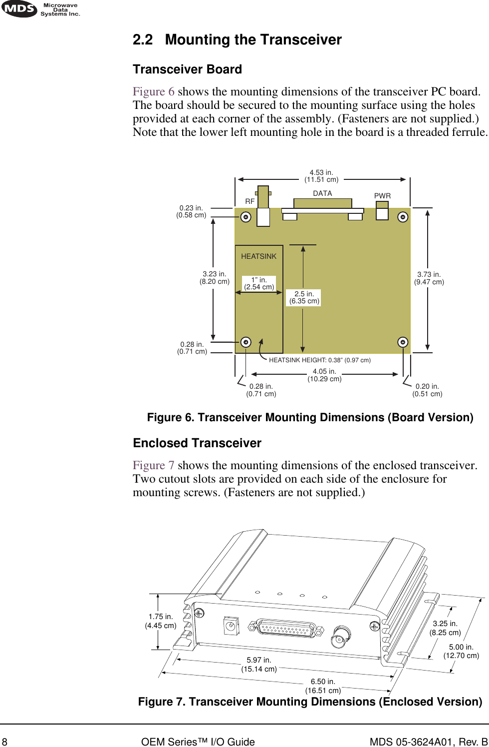 8 OEM Series™ I/O Guide MDS 05-3624A01, Rev. B2.2 Mounting the TransceiverTransceiver BoardFigure 6 shows the mounting dimensions of the transceiver PC board. The board should be secured to the mounting surface using the holes provided at each corner of the assembly. (Fasteners are not supplied.) Note that the lower left mounting hole in the board is a threaded ferrule.Invisible place holderFigure 6. Transceiver Mounting Dimensions (Board Version)Enclosed TransceiverFigure 7 shows the mounting dimensions of the enclosed transceiver. Two cutout slots are provided on each side of the enclosure for mounting screws. (Fasteners are not supplied.)Invisible place holderFigure 7. Transceiver Mounting Dimensions (Enclosed Version)RF DATA PWR4.53 in.(11.51 cm)0.23 in.(0.58 cm)3.23 in.(8.20 cm)0.28 in.(0.71 cm)3.73 in.(9.47 cm)0.28 in.(0.71 cm) 0.20 in.(0.51 cm)4.05 in.(10.29 cm)HEATSINK2.5 in.(6.35 cm)1” in.(2.54 cm)HEATSINK HEIGHT: 0.38” (0.97 cm)3.25 in.(8.25 cm)5.00 in.(12.70 cm)1.75 in.(4.45 cm)5.97 in.(15.14 cm)6.50 in.(16.51 cm)