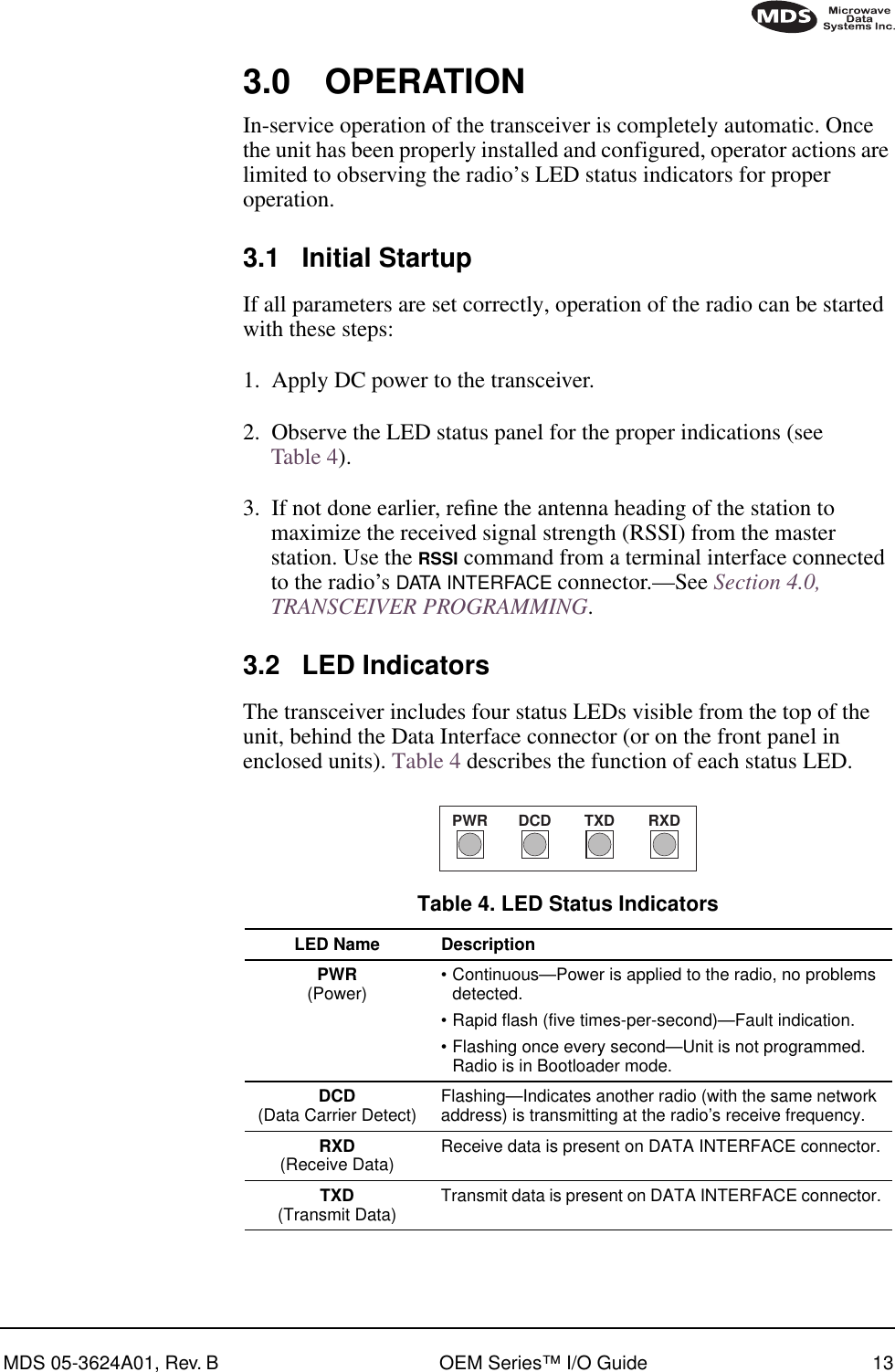 MDS 05-3624A01, Rev. B OEM Series™ I/O Guide 133.0 OPERATIONIn-service operation of the transceiver is completely automatic. Once the unit has been properly installed and configured, operator actions are limited to observing the radio’s LED status indicators for proper operation.3.1 Initial StartupIf all parameters are set correctly, operation of the radio can be started with these steps:1. Apply DC power to the transceiver.2. Observe the LED status panel for the proper indications (see Table 4).3. If not done earlier, reﬁne the antenna heading of the station to maximize the received signal strength (RSSI) from the master station. Use the RSSI command from a terminal interface connected to the radio’s DATA INTERFACE connector.—See Section 4.0, TRANSCEIVER PROGRAMMING.3.2 LED IndicatorsThe transceiver includes four status LEDs visible from the top of the unit, behind the Data Interface connector (or on the front panel in enclosed units). Table 4 describes the function of each status LED.RXDTXDDCDPWRTable 4. LED Status Indicators LED Name DescriptionPWR(Power) •Continuous—Power is applied to the radio, no problems detected.•Rapid flash (five times-per-second)—Fault indication.•Flashing once every second—Unit is not programmed. Radio is in Bootloader mode.DCD(Data Carrier Detect) Flashing—Indicates another radio (with the same network address) is transmitting at the radio’s receive frequency.RXD(Receive Data) Receive data is present on DATA INTERFACE connector.TXD(Transmit Data) Transmit data is present on DATA INTERFACE connector.