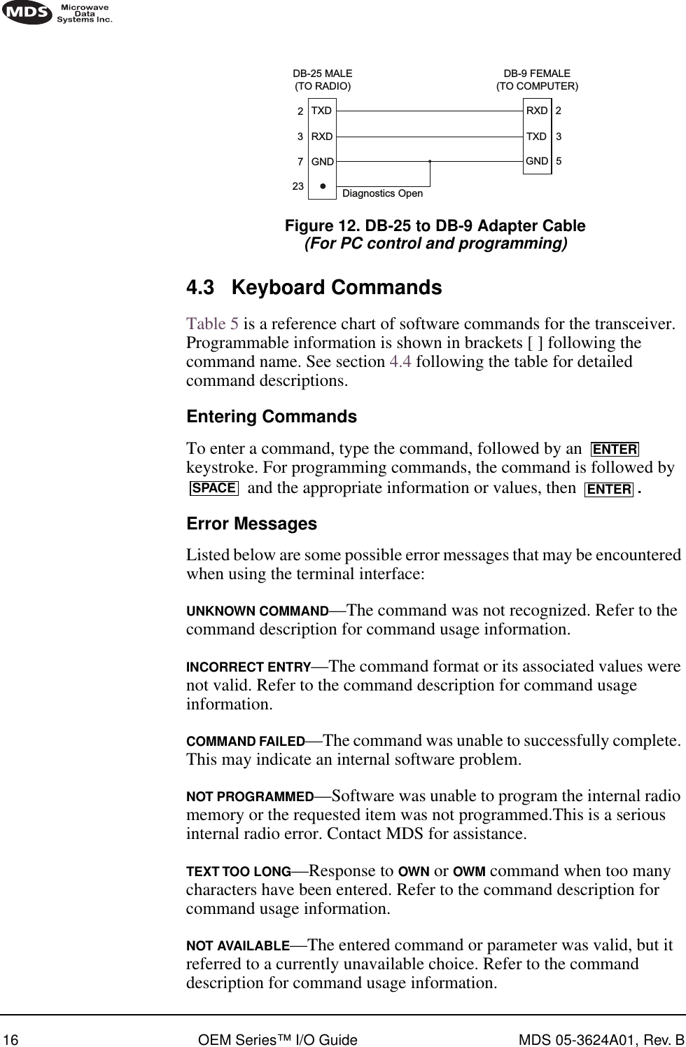 16 OEM Series™ I/O Guide MDS 05-3624A01, Rev. BInvisible place holderFigure 12. DB-25 to DB-9 Adapter Cable(For PC control and programming)4.3 Keyboard CommandsTable 5 is a reference chart of software commands for the transceiver. Programmable information is shown in brackets [ ] following the command name. See section 4.4 following the table for detailed command descriptions.Entering CommandsTo enter a command, type the command, followed by an   keystroke. For programming commands, the command is followed by  and the appropriate information or values, then  .Error MessagesListed below are some possible error messages that may be encountered when using the terminal interface:UNKNOWN COMMAND—The command was not recognized. Refer to the command description for command usage information.INCORRECT ENTRY—The command format or its associated values were not valid. Refer to the command description for command usage information.COMMAND FAILED—The command was unable to successfully complete. This may indicate an internal software problem.NOT PROGRAMMED—Software was unable to program the internal radio memory or the requested item was not programmed.This is a serious internal radio error. Contact MDS for assistance.TEXT TOO LONG—Response to OWN or OWM command when too many characters have been entered. Refer to the command description for command usage information.NOT AVAILABLE—The entered command or parameter was valid, but it referred to a currently unavailable choice. Refer to the command description for command usage information.RXDTXDGND235DB-9 FEMALE(TO COMPUTER)TXDRXDGND237DB-25 MALE(TO RADIO)Diagnostics Open23ENTERSPACE ENTER