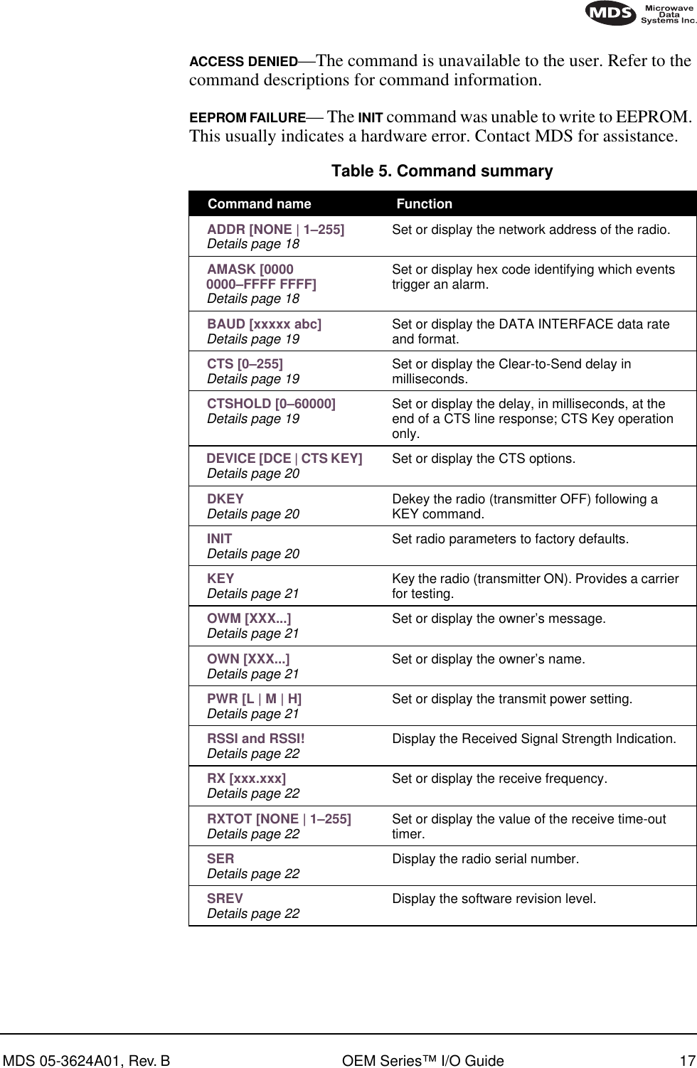 MDS 05-3624A01, Rev. B OEM Series™ I/O Guide 17ACCESS DENIED—The command is unavailable to the user. Refer to the command descriptions for command information.EEPROM FAILURE— The INIT command was unable to write to EEPROM. This usually indicates a hardware error. Contact MDS for assistance.Table 5. Command summary  Command name  Function ADDR [NONE | 1–255]Details page 18 Set or display the network address of the radio. AMASK [0000 0000–FFFF FFFF]Details page 18Set or display hex code identifying which events trigger an alarm. BAUD [xxxxx abc]Details page 19 Set or display the DATA INTERFACE data rate and format. CTS [0–255]Details page 19 Set or display the Clear-to-Send delay in milliseconds. CTSHOLD [0–60000]Details page 19 Set or display the delay, in milliseconds, at the end of a CTS line response; CTS Key operation only. DEVICE [DCE | CTS KEY]Details page 20 Set or display the CTS options. DKEYDetails page 20 Dekey the radio (transmitter OFF) following a KEY command. INITDetails page 20 Set radio parameters to factory defaults. KEYDetails page 21 Key the radio (transmitter ON). Provides a carrier for testing. OWM [XXX...]Details page 21 Set or display the owner’s message. OWN [XXX...]Details page 21 Set or display the owner’s name. PWR [L | M | H]Details page 21 Set or display the transmit power setting. RSSI and RSSI!Details page 22 Display the Received Signal Strength Indication. RX [xxx.xxx]Details page 22 Set or display the receive frequency. RXTOT [NONE | 1–255]Details page 22 Set or display the value of the receive time-out timer. SERDetails page 22 Display the radio serial number. SREVDetails page 22 Display the software revision level.