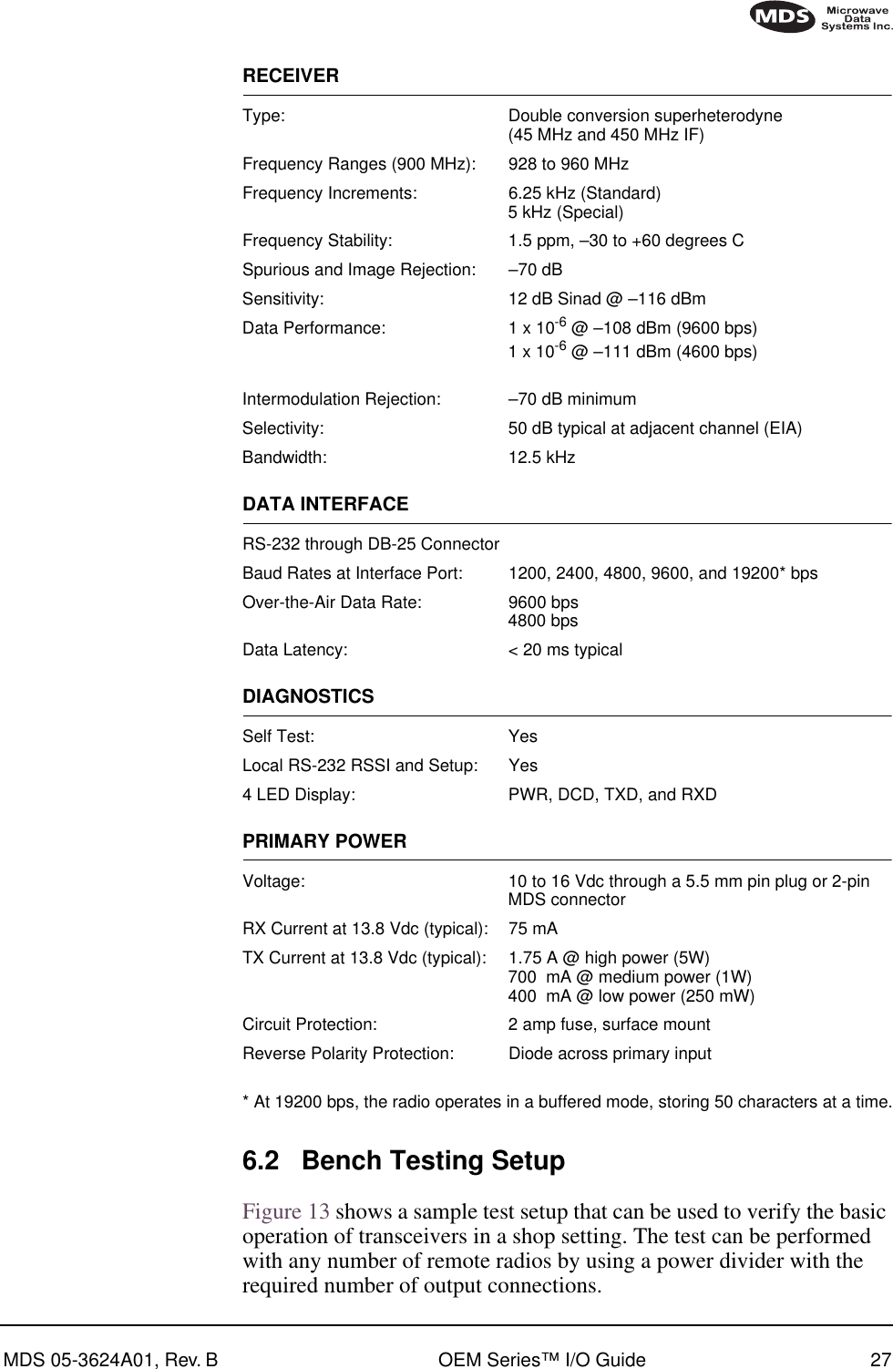 MDS 05-3624A01, Rev. B OEM Series™ I/O Guide 27RECEIVERType: Double conversion superheterodyne(45 MHz and 450 MHz IF)Frequency Ranges (900 MHz): 928 to 960 MHzFrequency Increments: 6.25 kHz (Standard)5 kHz (Special)Frequency Stability: 1.5 ppm, –30 to +60 degrees CSpurious and Image Rejection: –70 dBSensitivity: 12 dB Sinad @ –116 dBmData Performance: 1 x 10-6 @ –108 dBm (9600 bps)1 x 10-6 @ –111 dBm (4600 bps)Intermodulation Rejection: –70 dB minimumSelectivity: 50 dB typical at adjacent channel (EIA)Bandwidth: 12.5 kHzDATA INTERFACERS-232 through DB-25 ConnectorBaud Rates at Interface Port: 1200, 2400, 4800, 9600, and 19200* bpsOver-the-Air Data Rate: 9600 bps4800 bpsData Latency: &lt; 20 ms typicalDIAGNOSTICSSelf Test: YesLocal RS-232 RSSI and Setup: Yes4 LED Display: PWR, DCD, TXD, and RXDPRIMARY POWERVoltage: 10 to 16 Vdc through a 5.5 mm pin plug or 2-pin MDS connectorRX Current at 13.8 Vdc (typical): 75 mATX Current at 13.8 Vdc (typical): 1.75 A @ high power (5W)700  mA @ medium power (1W)400  mA @ low power (250 mW)Circuit Protection: 2 amp fuse, surface mountReverse Polarity Protection: Diode across primary input* At 19200 bps, the radio operates in a buffered mode, storing 50 characters at a time.6.2 Bench Testing SetupFigure 13 shows a sample test setup that can be used to verify the basic operation of transceivers in a shop setting. The test can be performed with any number of remote radios by using a power divider with the required number of output connections.