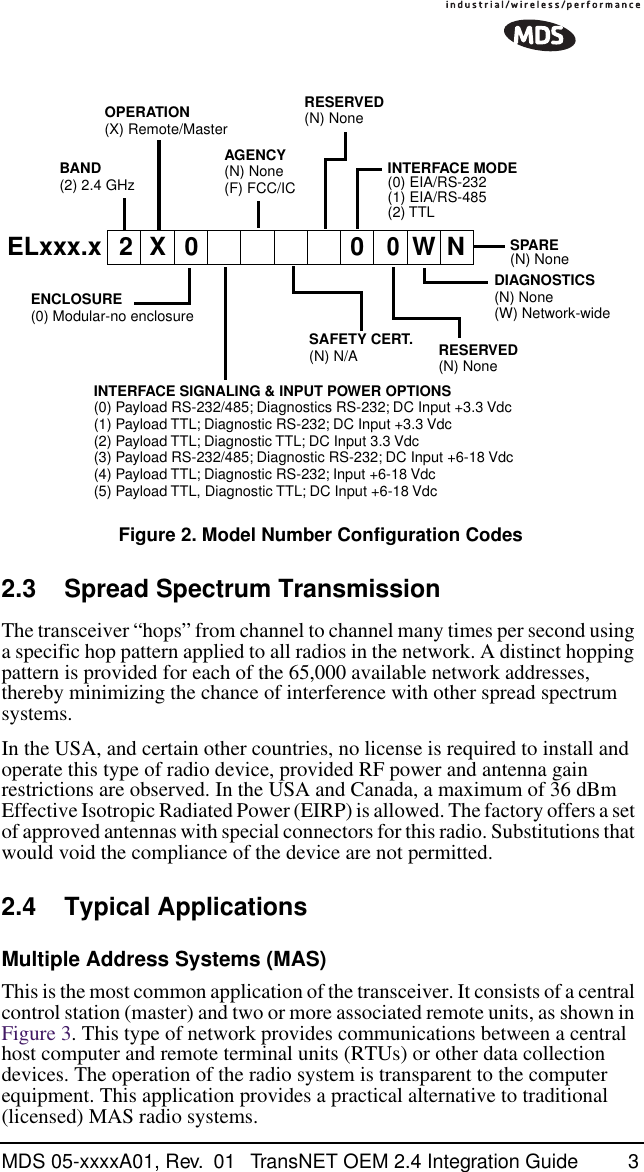  MDS 05-xxxxA01, Rev.  01 TransNET OEM 2.4 Integration Guide 3 Figure 2. Model Number Configuration Codes 2.3 Spread Spectrum Transmission The transceiver “hops” from channel to channel many times per second using a specific hop pattern applied to all radios in the network. A distinct hopping pattern is provided for each of the 65,000 available network addresses, thereby minimizing the chance of interference with other spread spectrum systems.In the USA, and certain other countries, no license is required to install and operate this type of radio device, provided RF power and antenna gain restrictions are observed. In the USA and Canada, a maximum of 36 dBm Effective Isotropic Radiated Power (EIRP) is allowed. The factory offers a set of approved antennas with special connectors for this radio. Substitutions that would void the compliance of the device are not permitted. 2.4 Typical Applications Multiple Address Systems (MAS) This is the most common application of the transceiver. It consists of a central control station (master) and two or more associated remote units, as shown in Figure 3. This type of network provides communications between a central host computer and remote terminal units (RTUs) or other data collection devices. The operation of the radio system is transparent to the computer equipment. This application provides a practical alternative to traditional (licensed) MAS radio systems.BAND(2) 2.4 GHzENCLOSURE(0) Modular-no enclosureAGENCY(N) None(F) FCC/ICSAFETY CERT.(N) N/ARESERVED(N) NoneOPERATION(X) Remote/MasterELxxx.xINTERFACE SIGNALING &amp; INPUT POWER OPTIONS(0) Payload RS-232/485; Diagnostics RS-232; DC Input +3.3 Vdc(1) Payload TTL; Diagnostic RS-232; DC Input +3.3 Vdc(2) Payload TTL; Diagnostic TTL; DC Input 3.3 Vdc(3) Payload RS-232/485; Diagnostic RS-232; DC Input +6-18 Vdc(4) Payload TTL; Diagnostic RS-232; Input +6-18 Vdc(5) Payload TTL, Diagnostic TTL; DC Input +6-18 VdcRESERVED(N) NoneDIAGNOSTICS(N) None(W) Network-wideSPARE(N) None02N00XINTERFACE MODE(0) EIA/RS-232(1) EIA/RS-485(2) TTLW