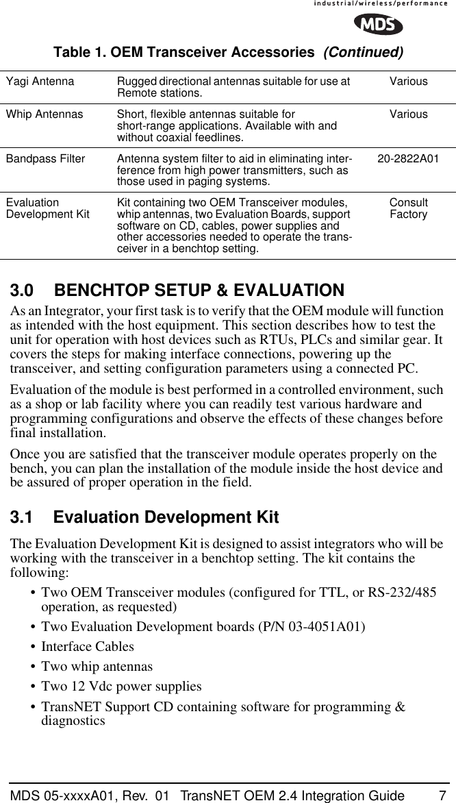  MDS 05-xxxxA01, Rev.  01 TransNET OEM 2.4 Integration Guide 7 3.0 BENCHTOP SETUP &amp; EVALUATION As an Integrator, your first task is to verify that the OEM module will function as intended with the host equipment. This section describes how to test the unit for operation with host devices such as RTUs, PLCs and similar gear. It covers the steps for making interface connections, powering up the transceiver, and setting configuration parameters using a connected PC.Evaluation of the module is best performed in a controlled environment, such as a shop or lab facility where you can readily test various hardware and programming configurations and observe the effects of these changes before final installation.Once you are satisfied that the transceiver module operates properly on the bench, you can plan the installation of the module inside the host device and be assured of proper operation in the field. 3.1 Evaluation Development Kit The Evaluation Development Kit is designed to assist integrators who will be working with the transceiver in a benchtop setting. The kit contains the following:• Two OEM Transceiver modules (configured for TTL, or RS-232/485 operation, as requested)• Two Evaluation Development boards (P/N 03-4051A01)• Interface Cables• Two whip antennas• Two 12 Vdc power supplies• TransNET Support CD containing software for programming &amp; diagnostics Yagi Antenna Rugged directional antennas suitable for use at Remote stations. VariousWhip Antennas Short, flexible antennas suitable for short-range applications. Available with and without coaxial feedlines.VariousBandpass Filter Antenna system filter to aid in eliminating inter-ference from high power transmitters, such as those used in paging systems.20-2822A01Evaluation Development Kit Kit containing two OEM Transceiver modules, whip antennas, two Evaluation Boards, support software on CD, cables, power supplies and other accessories needed to operate the trans-ceiver in a benchtop setting.Consult Factory Table 1. OEM Transceiver Accessories   (Continued)