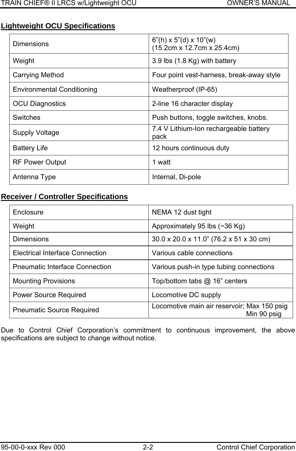 TRAIN CHIEF® II LRCS w/Lightweight OCU                                               OWNER’S MANUAL 95-00-0-xxx Rev 000  2-2  Control Chief Corporation Lightweight OCU Specifications Dimensions  6”(h) x 5”(d) x 10”(w) (15.2cm x 12.7cm x 25.4cm) Weight  3.9 lbs (1.8 Kg) with battery Carrying Method  Four point vest-harness, break-away style Environmental Conditioning  Weatherproof (IP-65) OCU Diagnostics  2-line 16 character display Switches  Push buttons, toggle switches, knobs. Supply Voltage  7.4 V Lithium-Ion rechargeable battery pack Battery Life  12 hours continuous duty  RF Power Output  1 watt Antenna Type  Internal, Di-pole Receiver / Controller Specifications Enclosure  NEMA 12 dust tight Weight  Approximately 95 lbs (~36 Kg) Dimensions  30.0 x 20.0 x 11.0” (76.2 x 51 x 30 cm) Electrical Interface Connection  Various cable connections Pneumatic Interface Connection   Various push-in type tubing connections Mounting Provisions  Top/bottom tabs @ 16” centers  Power Source Required  Locomotive DC supply Pneumatic Source Required  Locomotive main air reservoir; Max 150 psig                                                  Min 90 psig  Due to Control Chief Corporation’s commitment to continuous improvement, the above specifications are subject to change without notice.     