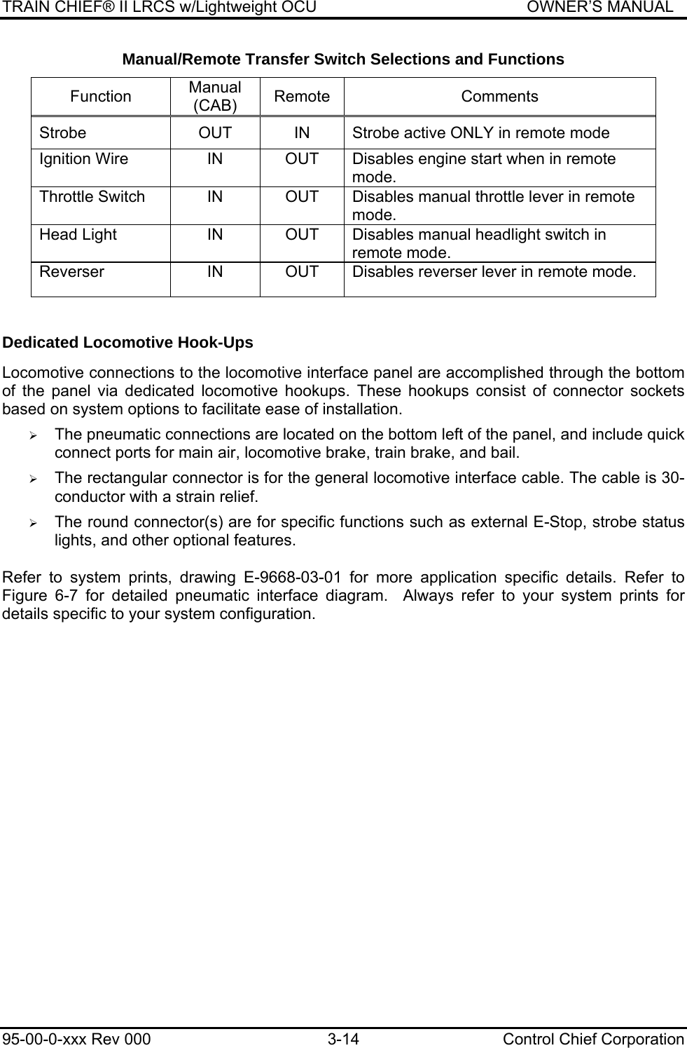 TRAIN CHIEF® II LRCS w/Lightweight OCU                                               OWNER’S MANUAL 95-00-0-xxx Rev 000  3-14  Control Chief Corporation Manual/Remote Transfer Switch Selections and Functions Function  Manual (CAB)  Remote Comments  Strobe   OUT  IN  Strobe active ONLY in remote mode Ignition Wire  IN  OUT  Disables engine start when in remote mode. Throttle Switch  IN  OUT  Disables manual throttle lever in remote mode. Head Light  IN  OUT  Disables manual headlight switch in remote mode. Reverser  IN  OUT  Disables reverser lever in remote mode.  Dedicated Locomotive Hook-Ups  Locomotive connections to the locomotive interface panel are accomplished through the bottom of the panel via dedicated locomotive hookups. These hookups consist of connector sockets based on system options to facilitate ease of installation.   ¾ The pneumatic connections are located on the bottom left of the panel, and include quick connect ports for main air, locomotive brake, train brake, and bail.   ¾ The rectangular connector is for the general locomotive interface cable. The cable is 30-conductor with a strain relief.  ¾ The round connector(s) are for specific functions such as external E-Stop, strobe status lights, and other optional features.  Refer to system prints, drawing E-9668-03-01 for more application specific details. Refer to Figure 6-7 for detailed pneumatic interface diagram.  Always refer to your system prints for details specific to your system configuration. 