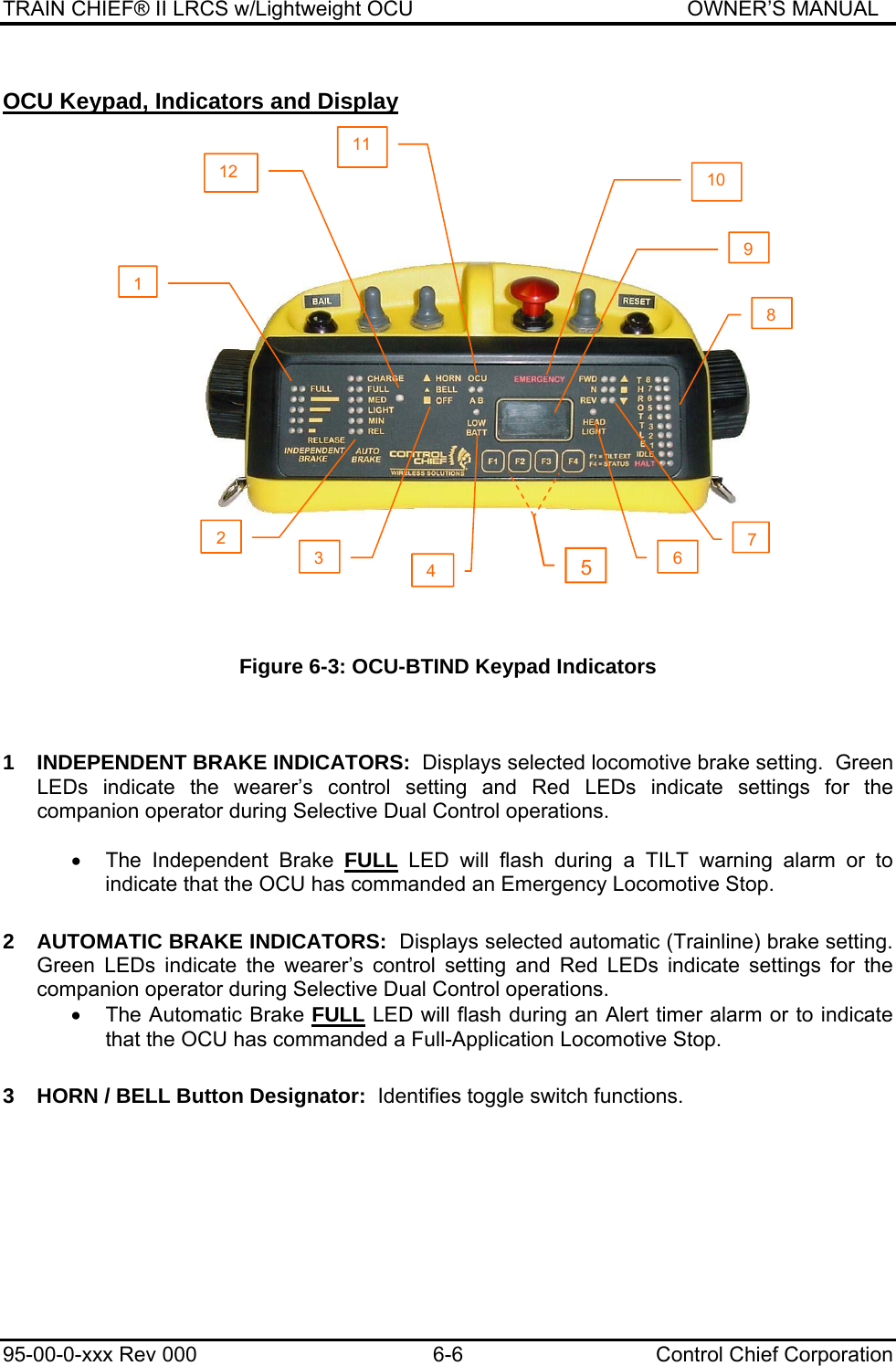 TRAIN CHIEF® II LRCS w/Lightweight OCU                                               OWNER’S MANUAL 95-00-0-xxx Rev 000  6-6  Control Chief Corporation OCU Keypad, Indicators and Display   Figure 6-3: OCU-BTIND Keypad Indicators    1  INDEPENDENT BRAKE INDICATORS:  Displays selected locomotive brake setting.  Green LEDs indicate the wearer’s control setting and Red LEDs indicate settings for the companion operator during Selective Dual Control operations.  •  The Independent Brake FULL LED will flash during a TILT warning alarm or to indicate that the OCU has commanded an Emergency Locomotive Stop.    2  AUTOMATIC BRAKE INDICATORS:  Displays selected automatic (Trainline) brake setting.  Green LEDs indicate the wearer’s control setting and Red LEDs indicate settings for the companion operator during Selective Dual Control operations. •  The Automatic Brake FULL LED will flash during an Alert timer alarm or to indicate that the OCU has commanded a Full-Application Locomotive Stop.    3  HORN / BELL Button Designator:  Identifies toggle switch functions.  512 3 76 8 410 11 12 9