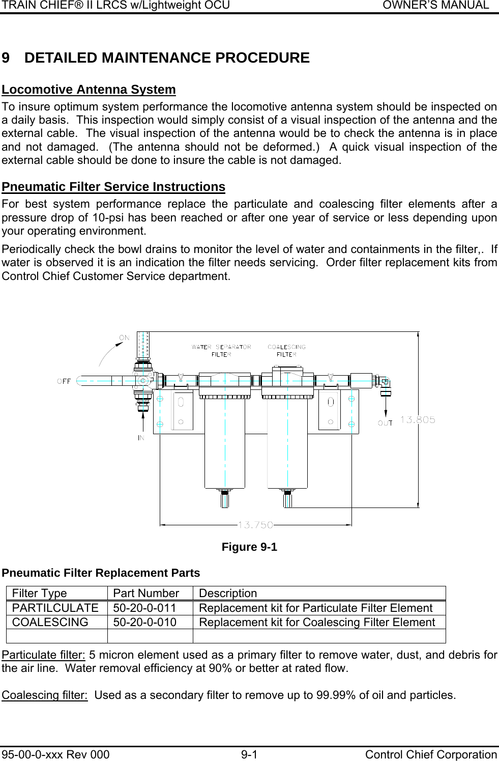 TRAIN CHIEF® II LRCS w/Lightweight OCU                                               OWNER’S MANUAL 95-00-0-xxx Rev 000  9-1  Control Chief Corporation 9  DETAILED MAINTENANCE PROCEDURE Locomotive Antenna System To insure optimum system performance the locomotive antenna system should be inspected on a daily basis.  This inspection would simply consist of a visual inspection of the antenna and the external cable.  The visual inspection of the antenna would be to check the antenna is in place and not damaged.  (The antenna should not be deformed.)  A quick visual inspection of the external cable should be done to insure the cable is not damaged. Pneumatic Filter Service Instructions For best system performance replace the particulate and coalescing filter elements after a pressure drop of 10-psi has been reached or after one year of service or less depending upon your operating environment.  Periodically check the bowl drains to monitor the level of water and containments in the filter,.  If water is observed it is an indication the filter needs servicing.  Order filter replacement kits from Control Chief Customer Service department.    Figure 9-1 Pneumatic Filter Replacement Parts Filter Type  Part Number  Description PARTILCULATE  50-20-0-011  Replacement kit for Particulate Filter Element COALESCING  50-20-0-010  Replacement kit for Coalescing Filter Element     Particulate filter: 5 micron element used as a primary filter to remove water, dust, and debris for the air line.  Water removal efficiency at 90% or better at rated flow.  Coalescing filter:  Used as a secondary filter to remove up to 99.99% of oil and particles.  