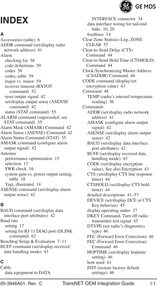 05-3946A01, Rev.  C TransNET OEM Integration Guide I-1INDEXAAccessories (table) 6ADDR command (set/display radio network address) 41Alarmchecking for 58code deﬁnitions 59codes 58codes, table 59major vs. minor 59receiver timeout (RXTOT command) 52reset output signal 42set/display output sense (ASENSE command) 42status (STAT command) 55ALARM command (superseded; see STAT command) 55Alarm Mask (AMASK) Command 42Alarm Sense (ASENSE) Command 42Alarm Status Command (STAT) 55AMASK command (conﬁgure alarm output signal) 42Antennaperformance optimization 15selection 13SWR check 16system gain vs. power output setting, table 18Yagi, illustrated 14ASENSE command (set/display alarm output sense) 42BBAUD command (set/display data interface port attributes) 42Baud ratesetting 17setting for RJ-11 DIAG port (DLINK command) 62Benchtop Setup &amp; Evaluation 7–11BUFF command (set/display received data handling mode) 43CCabledata equipment to DATA INTERFACE connector 34data interface wiring for tail-end links 10, 20feedlines 14Clear Zone Statisics Log, ZONE CLEAR 57Clear-to-Send Delay (CTS) Command 44Clear-to-Send Hold Time (CTSHOLD) Command 44Clock-Synchronizing Master Address (CSADDR) Command 44CODE command (display/set encryption value) 43Command 48TEMP (radio’s internal temperature reading) 56CommandsADDR (set/display radio network address) 41AMASK (conﬁgure alarm output signal) 42ASENSE (set/display alarm output sense) 42BAUD (set/display data interface port attributes) 42BUFF (set/display received data handling mode) 43CODE (set/display encryption value), See also Encryption 43CTS (set/display CTS line response timer) 44CTSHOLD (set/display CTS hold timer) 44detailed descriptions 41–57DEVICE (set/display DCE or CTS Key behavior) 45display operating status 37DKEY Command, Turn off radio transmitter test signal 45DTYPE (set radio’s diagnostics type) 46FEC (Forward Error Correction) 46FEC (Forward Error Correction) Command 46HOPTIME (set/display hoptime setting) 46how used 41INIT (restore factory default settings) 46