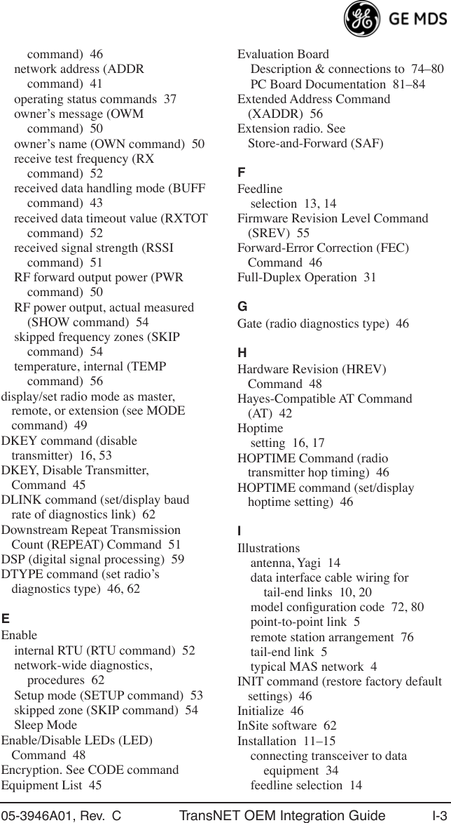 05-3946A01, Rev.  C TransNET OEM Integration Guide I-3command) 46network address (ADDR command) 41operating status commands 37owner’s message (OWM command) 50owner’s name (OWN command) 50receive test frequency (RX command) 52received data handling mode (BUFF command) 43received data timeout value (RXTOT command) 52received signal strength (RSSI command) 51RF forward output power (PWR command) 50RF power output, actual measured (SHOW command) 54skipped frequency zones (SKIP command) 54temperature, internal (TEMP command) 56display/set radio mode as master, remote, or extension (see MODE command) 49DKEY command (disable transmitter) 16, 53DKEY, Disable Transmitter, Command 45DLINK command (set/display baud rate of diagnostics link) 62Downstream Repeat Transmission Count (REPEAT) Command 51DSP (digital signal processing) 59DTYPE command (set radio’s diagnostics type) 46, 62EEnableinternal RTU (RTU command) 52network-wide diagnostics, procedures 62Setup mode (SETUP command) 53skipped zone (SKIP command) 54Sleep ModeEnable/Disable LEDs (LED) Command 48Encryption. See CODE commandEquipment List 45Evaluation BoardDescription &amp; connections to 74–80PC Board Documentation 81–84Extended Address Command (XADDR) 56Extension radio. See Store-and-Forward (SAF)FFeedlineselection 13, 14Firmware Revision Level Command (SREV) 55Forward-Error Correction (FEC) Command 46Full-Duplex Operation 31GGate (radio diagnostics type) 46HHardware Revision (HREV) Command 48Hayes-Compatible AT Command (AT) 42Hoptimesetting 16, 17HOPTIME Command (radio transmitter hop timing) 46HOPTIME command (set/display hoptime setting) 46IIllustrationsantenna, Yagi 14data interface cable wiring for tail-end links 10, 20model conﬁguration code 72, 80point-to-point link 5remote station arrangement 76tail-end link 5typical MAS network 4INIT command (restore factory default settings) 46Initialize 46InSite software 62Installation 11–15connecting transceiver to data equipment 34feedline selection 14