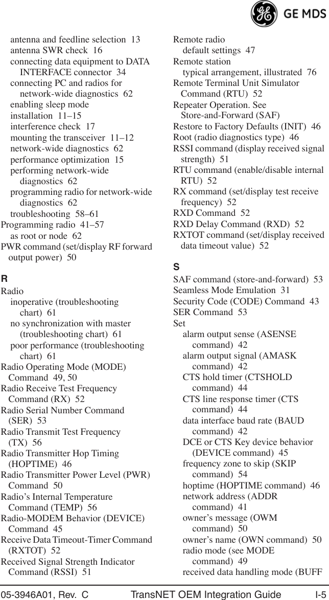 05-3946A01, Rev.  C TransNET OEM Integration Guide I-5antenna and feedline selection 13antenna SWR check 16connecting data equipment to DATA INTERFACE connector 34connecting PC and radios for network-wide diagnostics 62enabling sleep modeinstallation 11–15interference check 17mounting the transceiver 11–12network-wide diagnostics 62performance optimization 15performing network-wide diagnostics 62programming radio for network-wide diagnostics 62troubleshooting 58–61Programming radio 41–57as root or node 62PWR command (set/display RF forward output power) 50RRadioinoperative (troubleshooting chart) 61no synchronization with master (troubleshooting chart) 61poor performance (troubleshooting chart) 61Radio Operating Mode (MODE) Command 49, 50Radio Receive Test Frequency Command (RX) 52Radio Serial Number Command (SER) 53Radio Transmit Test Frequency (TX) 56Radio Transmitter Hop Timing (HOPTIME) 46Radio Transmitter Power Level (PWR) Command 50Radio’s Internal Temperature Command (TEMP) 56Radio-MODEM Behavior (DEVICE) Command 45Receive Data Timeout-Timer Command (RXTOT) 52Received Signal Strength Indicator Command (RSSI) 51Remote radiodefault settings 47Remote stationtypical arrangement, illustrated 76Remote Terminal Unit Simulator Command (RTU) 52Repeater Operation. See Store-and-Forward (SAF)Restore to Factory Defaults (INIT) 46Root (radio diagnostics type) 46RSSI command (display received signal strength) 51RTU command (enable/disable internal RTU) 52RX command (set/display test receive frequency) 52RXD Command 52RXD Delay Command (RXD) 52RXTOT command (set/display received data timeout value) 52SSAF command (store-and-forward) 53Seamless Mode Emulation 31Security Code (CODE) Command 43SER Command 53Setalarm output sense (ASENSE command) 42alarm output signal (AMASK command) 42CTS hold timer (CTSHOLD command) 44CTS line response timer (CTS command) 44data interface baud rate (BAUD command) 42DCE or CTS Key device behavior (DEVICE command) 45frequency zone to skip (SKIP command) 54hoptime (HOPTIME command) 46network address (ADDR command) 41owner’s message (OWM command) 50owner’s name (OWN command) 50radio mode (see MODE command) 49received data handling mode (BUFF 