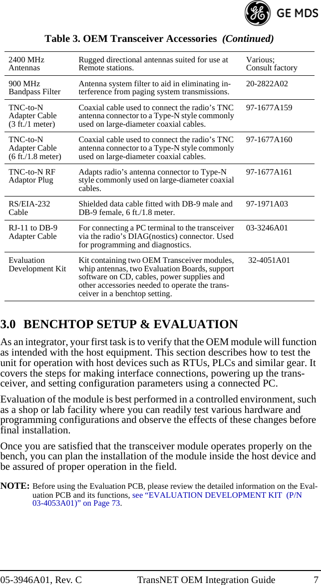 05-3946A01, Rev. C TransNET OEM Integration Guide 73.0 BENCHTOP SETUP &amp; EVALUATIONAs an integrator, your first task is to verify that the OEM module will function as intended with the host equipment. This section describes how to test the unit for operation with host devices such as RTUs, PLCs and similar gear. It covers the steps for making interface connections, powering up the trans-ceiver, and setting configuration parameters using a connected PC.Evaluation of the module is best performed in a controlled environment, such as a shop or lab facility where you can readily test various hardware and programming configurations and observe the effects of these changes before final installation.Once you are satisfied that the transceiver module operates properly on the bench, you can plan the installation of the module inside the host device and be assured of proper operation in the field.NOTE: Before using the Evaluation PCB, please review the detailed information on the Eval-uation PCB and its functions, see “EVALUATION DEVELOPMENT KIT  (P/N 03-4053A01)” on Page 73.2400 MHzAntennas Rugged directional antennas suited for use at Remote stations. Various; Consult factory900 MHz Bandpass Filter Antenna system filter to aid in eliminating in-terference from paging system transmissions. 20-2822A02TNC-to-N Adapter Cable(3 ft./1 meter)Coaxial cable used to connect the radio’s TNC antenna connector to a Type-N style commonly used on large-diameter coaxial cables.97-1677A159TNC-to-N Adapter Cable(6 ft./1.8 meter)Coaxial cable used to connect the radio’s TNC antenna connector to a Type-N style commonly used on large-diameter coaxial cables.97-1677A160TNC-to-N RF Adaptor Plug Adapts radio’s antenna connector to Type-N style commonly used on large-diameter coaxial cables.97-1677A161RS/EIA-232Cable Shielded data cable fitted with DB-9 male and DB-9 female, 6 ft./1.8 meter. 97-1971A03RJ-11 to DB-9 Adapter Cable For connecting a PC terminal to the transceiver via the radio’s DIAG(nostics) connector. Used for programming and diagnostics.03-3246A01Evaluation Development Kit Kit containing two OEM Transceiver modules, whip antennas, two Evaluation Boards, support software on CD, cables, power supplies and other accessories needed to operate the trans-ceiver in a benchtop setting.32-4051A01Table 3. OEM Transceiver Accessories  (Continued)