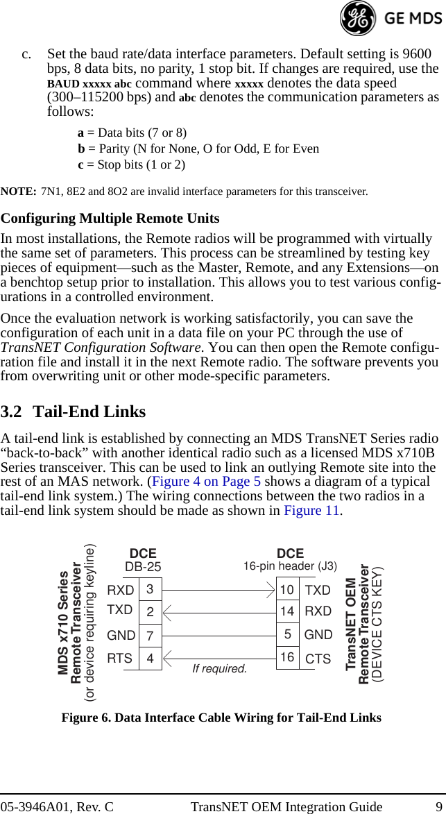 05-3946A01, Rev. C TransNET OEM Integration Guide 9c. Set the baud rate/data interface parameters. Default setting is 9600 bps, 8 data bits, no parity, 1 stop bit. If changes are required, use the BAUD xxxxx abc command where xxxxx denotes the data speed (300–115200 bps) and abc denotes the communication parameters as follows:a = Data bits (7 or 8)b = Parity (N for None, O for Odd, E for Evenc = Stop bits (1 or 2)NOTE: 7N1, 8E2 and 8O2 are invalid interface parameters for this transceiver.Configuring Multiple Remote UnitsIn most installations, the Remote radios will be programmed with virtually the same set of parameters. This process can be streamlined by testing key pieces of equipment—such as the Master, Remote, and any Extensions—on a benchtop setup prior to installation. This allows you to test various config-urations in a controlled environment. Once the evaluation network is working satisfactorily, you can save the configuration of each unit in a data file on your PC through the use of TransNET Configuration Software. You can then open the Remote configu-ration file and install it in the next Remote radio. The software prevents you from overwriting unit or other mode-specific parameters.3.2 Tail-End LinksA tail-end link is established by connecting an MDS TransNET Series radio “back-to-back” with another identical radio such as a licensed MDS x710B Series transceiver. This can be used to link an outlying Remote site into the rest of an MAS network. (Figure 4 on Page 5 shows a diagram of a typical tail-end link system.) The wiring connections between the two radios in a tail-end link system should be made as shown in Figure 11.Figure 6. Data Interface Cable Wiring for Tail-End LinksIf required.RXDTXDGNDRTS3274DCEDB-25MDS x710 SeriesRemote Transceiver(or device requiring keyline)TXDRXDGNDCTS10145DCE16-pin header (J3)TransNET OEMRemote Transceiver(DEVICE CTS KEY)16