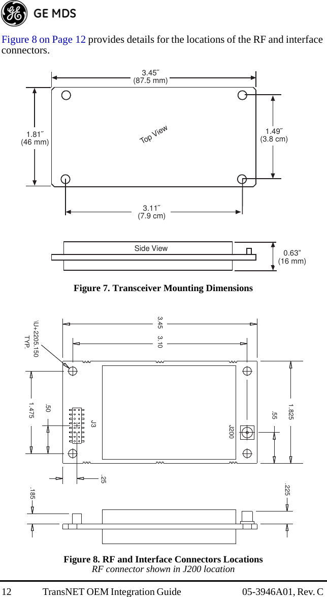 12 TransNET OEM Integration Guide  05-3946A01, Rev. C Figure 8 on Page 12 provides details for the locations of the RF and interface connectors.Figure 7. Transceiver Mounting DimensionsFigure 8. RF and Interface Connectors LocationsRF connector shown in J200 location3.11˝(7.9 cm)1.49˝(3.8 cm)1.81˝(46 mm)3.45˝(87.5 mm)Top View0.63”(16 mm)Side ViewJ200J3\U+2205.150TYP.1.8253.45 3.10.551.475.50.25.225.185