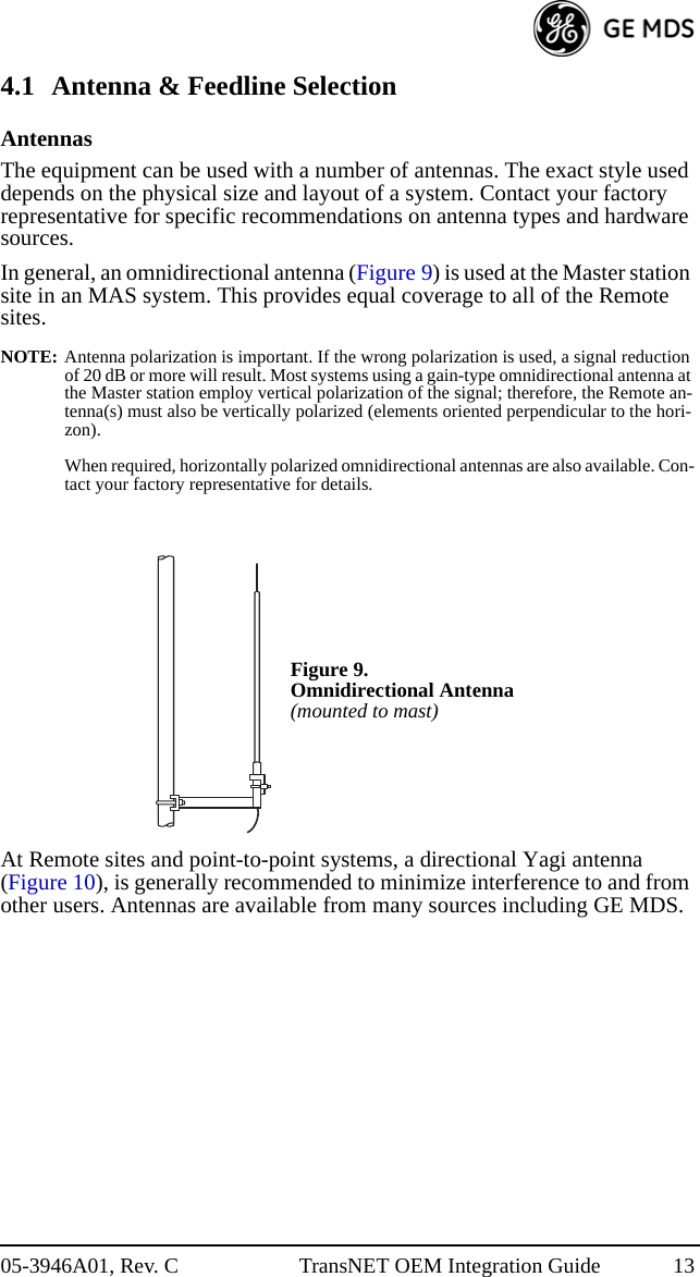 05-3946A01, Rev. C TransNET OEM Integration Guide 134.1 Antenna &amp; Feedline SelectionAntennasThe equipment can be used with a number of antennas. The exact style used depends on the physical size and layout of a system. Contact your factory representative for specific recommendations on antenna types and hardware sources.In general, an omnidirectional antenna (Figure 9) is used at the Master station site in an MAS system. This provides equal coverage to all of the Remote sites.NOTE: Antenna polarization is important. If the wrong polarization is used, a signal reduction of 20 dB or more will result. Most systems using a gain-type omnidirectional antenna at the Master station employ vertical polarization of the signal; therefore, the Remote an-tenna(s) must also be vertically polarized (elements oriented perpendicular to the hori-zon). When required, horizontally polarized omnidirectional antennas are also available. Con-tact your factory representative for details.At Remote sites and point-to-point systems, a directional Yagi antenna (Figure 10), is generally recommended to minimize interference to and from other users. Antennas are available from many sources including GE MDS.Figure 9. Omnidirectional Antenna (mounted to mast)