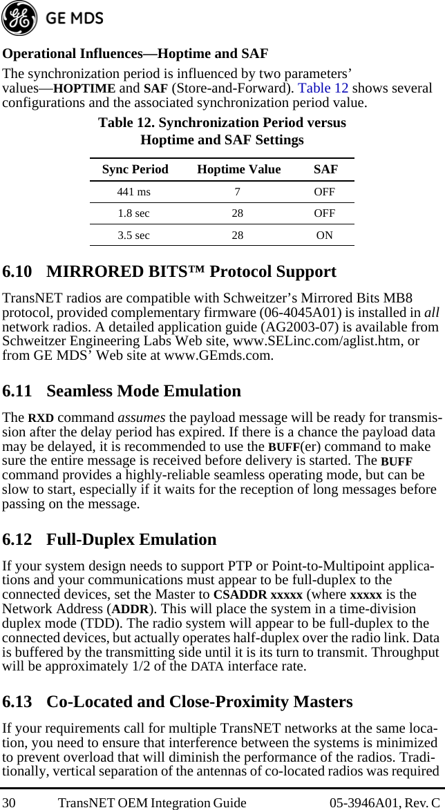 30 TransNET OEM Integration Guide  05-3946A01, Rev. C Operational Influences—Hoptime and SAFThe synchronization period is influenced by two parameters’ values—HOPTIME and SAF (Store-and-Forward). Table 12 shows several configurations and the associated synchronization period value.6.10 MIRRORED BITS™ Protocol SupportTransNET radios are compatible with Schweitzer’s Mirrored Bits MB8 protocol, provided complementary firmware (06-4045A01) is installed in all network radios. A detailed application guide (AG2003-07) is available from Schweitzer Engineering Labs Web site, www.SELinc.com/aglist.htm, or from GE MDS’ Web site at www.GEmds.com. 6.11 Seamless Mode EmulationThe RXD command assumes the payload message will be ready for transmis-sion after the delay period has expired. If there is a chance the payload data may be delayed, it is recommended to use the BUFF(er) command to make sure the entire message is received before delivery is started. The BUFF command provides a highly-reliable seamless operating mode, but can be slow to start, especially if it waits for the reception of long messages before passing on the message.6.12 Full-Duplex EmulationIf your system design needs to support PTP or Point-to-Multipoint applica-tions and your communications must appear to be full-duplex to the connected devices, set the Master to CSADDR xxxxx (where xxxxx is the Network Address (ADDR). This will place the system in a time-division duplex mode (TDD). The radio system will appear to be full-duplex to the connected devices, but actually operates half-duplex over the radio link. Data is buffered by the transmitting side until it is its turn to transmit. Throughput will be approximately 1/2 of the DATA interface rate. 6.13 Co-Located and Close-Proximity MastersIf your requirements call for multiple TransNET networks at the same loca-tion, you need to ensure that interference between the systems is minimized to prevent overload that will diminish the performance of the radios. Tradi-tionally, vertical separation of the antennas of co-located radios was required Table 12. Synchronization Period versus Hoptime and SAF SettingsSync Period Hoptime Value SAF441 ms 7 OFF1.8 sec 28 OFF3.5 sec 28 ON