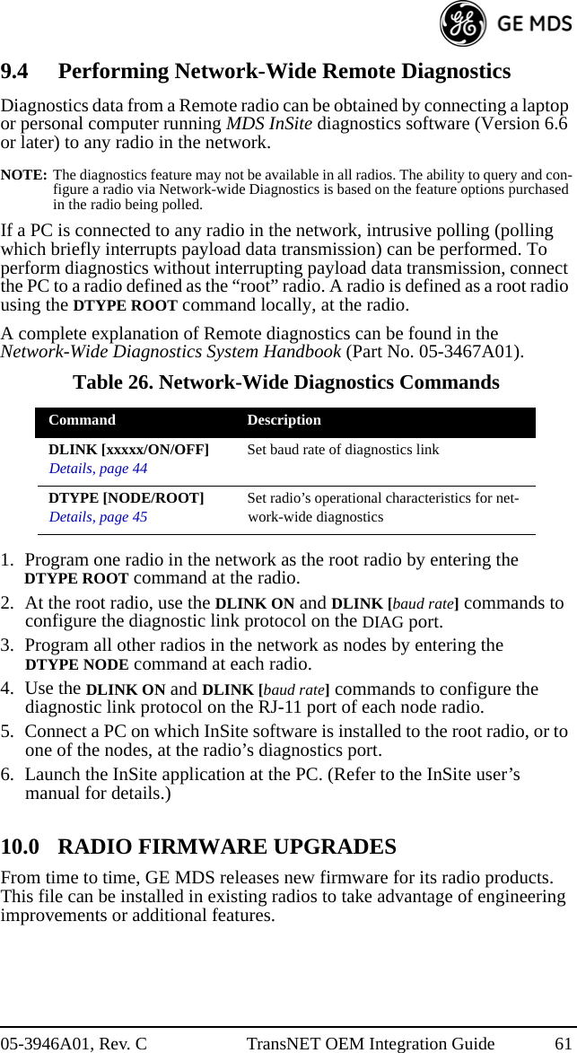 05-3946A01, Rev. C TransNET OEM Integration Guide 619.4 Performing Network-Wide Remote DiagnosticsDiagnostics data from a Remote radio can be obtained by connecting a laptop or personal computer running MDS InSite diagnostics software (Version 6.6 or later) to any radio in the network.NOTE: The diagnostics feature may not be available in all radios. The ability to query and con-figure a radio via Network-wide Diagnostics is based on the feature options purchased in the radio being polled.If a PC is connected to any radio in the network, intrusive polling (polling which briefly interrupts payload data transmission) can be performed. To perform diagnostics without interrupting payload data transmission, connect the PC to a radio defined as the “root” radio. A radio is defined as a root radio using the DTYPE ROOT command locally, at the radio.A complete explanation of Remote diagnostics can be found in the Network-Wide Diagnostics System Handbook (Part No. 05-3467A01).1. Program one radio in the network as the root radio by entering the DTYPE ROOT command at the radio.2. At the root radio, use the DLINK ON and DLINK [baud rate] commands to configure the diagnostic link protocol on the DIAG port.3. Program all other radios in the network as nodes by entering the DTYPE NODE command at each radio.4. Use the DLINK ON and DLINK [baud rate] commands to configure the diagnostic link protocol on the RJ-11 port of each node radio.5. Connect a PC on which InSite software is installed to the root radio, or to one of the nodes, at the radio’s diagnostics port.6. Launch the InSite application at the PC. (Refer to the InSite user’s manual for details.)10.0 RADIO FIRMWARE UPGRADESFrom time to time, GE MDS releases new firmware for its radio products. This file can be installed in existing radios to take advantage of engineering improvements or additional features.Table 26. Network-Wide Diagnostics CommandsCommand DescriptionDLINK [xxxxx/ON/OFF]Details, page 44 Set baud rate of diagnostics linkDTYPE [NODE/ROOT]Details, page 45 Set radio’s operational characteristics for net-work-wide diagnostics