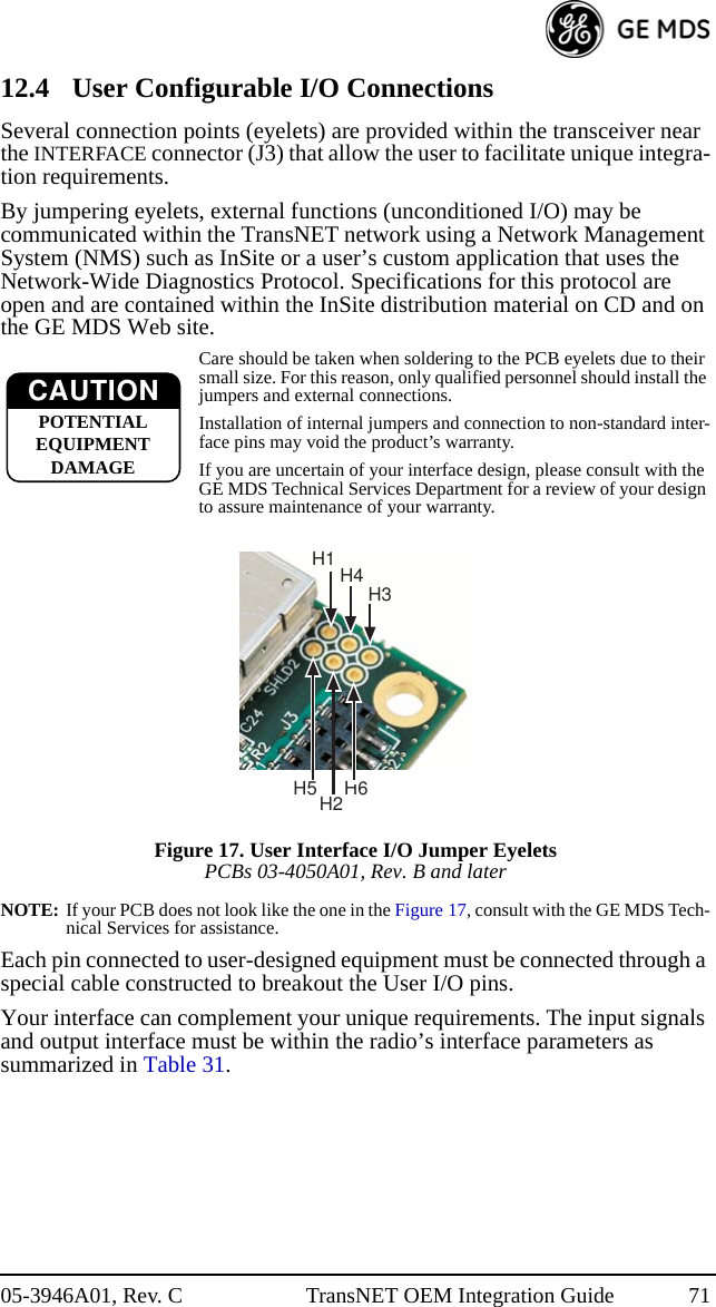 CAUTIONPOTENTIAL EQUIPMENT DAMAGE05-3946A01, Rev. C TransNET OEM Integration Guide 7112.4 User Configurable I/O ConnectionsSeveral connection points (eyelets) are provided within the transceiver near the INTERFACE connector (J3) that allow the user to facilitate unique integra-tion requirements. By jumpering eyelets, external functions (unconditioned I/O) may be communicated within the TransNET network using a Network Management System (NMS) such as InSite or a user’s custom application that uses the Network-Wide Diagnostics Protocol. Specifications for this protocol are open and are contained within the InSite distribution material on CD and on the GE MDS Web site.Care should be taken when soldering to the PCB eyelets due to their small size. For this reason, only qualified personnel should install the jumpers and external connections.Installation of internal jumpers and connection to non-standard inter-face pins may void the product’s warranty. If you are uncertain of your interface design, please consult with the GE MDS Technical Services Department for a review of your design to assure maintenance of your warranty. Invisible place holderH2H5 H6H4H1H3Figure 17. User Interface I/O Jumper EyeletsPCBs 03-4050A01, Rev. B and later NOTE: If your PCB does not look like the one in the Figure 17, consult with the GE MDS Tech-nical Services for assistance.Each pin connected to user-designed equipment must be connected through a special cable constructed to breakout the User I/O pins. Your interface can complement your unique requirements. The input signals and output interface must be within the radio’s interface parameters as summarized in Table 31. 