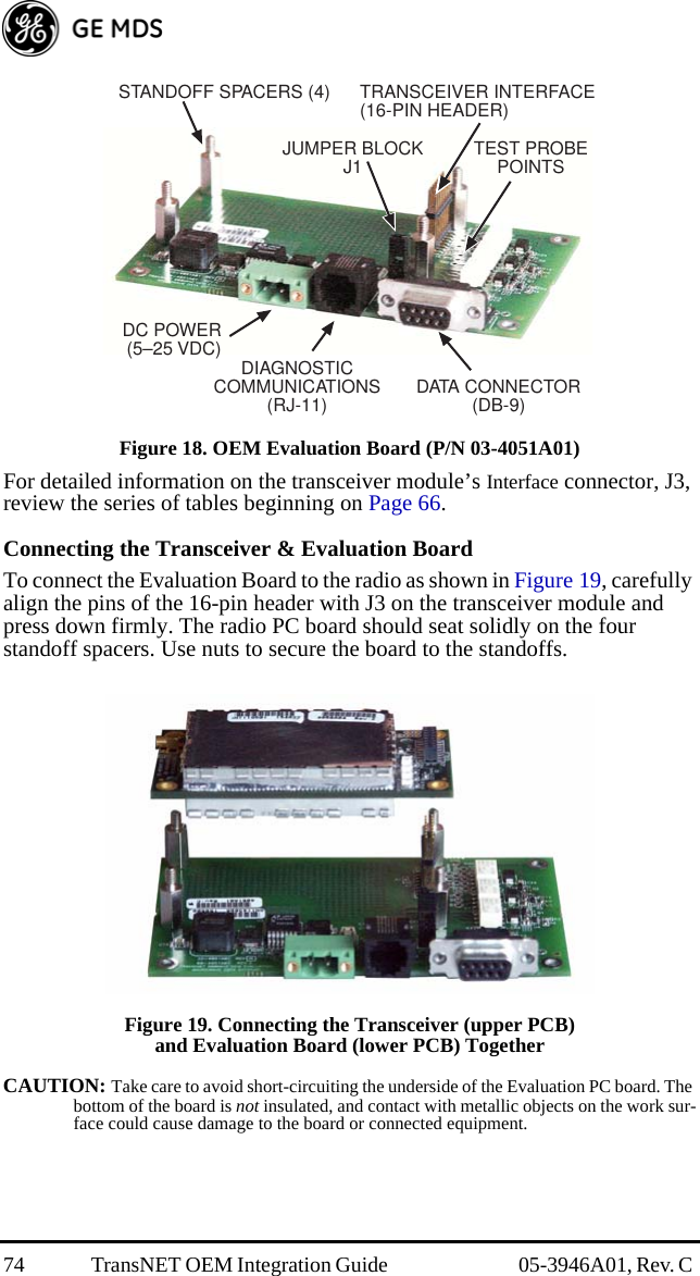 74 TransNET OEM Integration Guide  05-3946A01, Rev. C Figure 18. OEM Evaluation Board (P/N 03-4051A01)For detailed information on the transceiver module’s Interface connector, J3, review the series of tables beginning on Page 66.Connecting the Transceiver &amp; Evaluation BoardTo connect the Evaluation Board to the radio as shown in Figure 19, carefully align the pins of the 16-pin header with J3 on the transceiver module and press down firmly. The radio PC board should seat solidly on the four standoff spacers. Use nuts to secure the board to the standoffs.Invisible place holderFigure 19. Connecting the Transceiver (upper PCB) and Evaluation Board (lower PCB) TogetherCAUTION: Take care to avoid short-circuiting the underside of the Evaluation PC board. The bottom of the board is not insulated, and contact with metallic objects on the work sur-face could cause damage to the board or connected equipment.TEST PROBEPOINTSDIAGNOSTICCOMMUNICATIONS(RJ-11) DATA CONNECTOR(DB-9)DC POWER(5–25 VDC)STANDOFF SPACERS (4) TRANSCEIVER INTERFACE(16-PIN HEADER)JUMPER BLOCKJ1