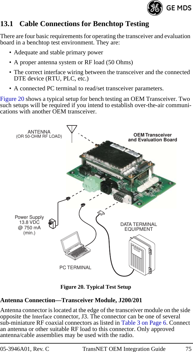 05-3946A01, Rev. C TransNET OEM Integration Guide 7513.1 Cable Connections for Benchtop TestingThere are four basic requirements for operating the transceiver and evaluation board in a benchtop test environment. They are:• Adequate and stable primary power• A proper antenna system or RF load (50 Ohms)• The correct interface wiring between the transceiver and the connected DTE device (RTU, PLC, etc.)• A connected PC terminal to read/set transceiver parameters.Figure 20 shows a typical setup for bench testing an OEM Transceiver. Two such setups will be required if you intend to establish over-the-air communi-cations with another OEM transceiver.Invisible place holderFigure 20. Typical Test SetupAntenna Connection—Transceiver Module, J200/201Antenna connector is located at the edge of the transceiver module on the side opposite the Interface connector, J3. The connector can be one of several sub-miniature RF coaxial connectors as listed in Table 3 on Page 6. Connect an antenna or other suitable RF load to this connector. Only approved antenna/cable assemblies may be used with the radio.OEM Transceiverand Evaluation BoardANTENNA(OR 50-OHM RF LOAD)PC TERMINALDATA TERMINALEQUIPMENTPower Supply13.8 VDC@ 750 mA(min.)