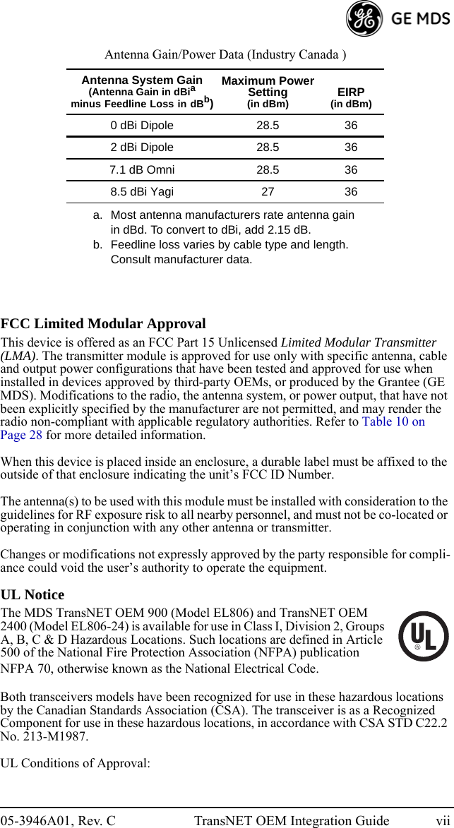 05-3946A01, Rev. C TransNET OEM Integration Guide viiAntenna Gain/Power Data (Industry Canada )FCC Limited Modular ApprovalThis device is offered as an FCC Part 15 Unlicensed Limited Modular Transmitter (LMA). The transmitter module is approved for use only with specific antenna, cable and output power configurations that have been tested and approved for use when installed in devices approved by third-party OEMs, or produced by the Grantee (GE MDS). Modifications to the radio, the antenna system, or power output, that have not been explicitly specified by the manufacturer are not permitted, and may render the radio non-compliant with applicable regulatory authorities. Refer to Table 10 on Page 28 for more detailed information.When this device is placed inside an enclosure, a durable label must be affixed to the outside of that enclosure indicating the unit’s FCC ID Number. The antenna(s) to be used with this module must be installed with consideration to the guidelines for RF exposure risk to all nearby personnel, and must not be co-located or operating in conjunction with any other antenna or transmitter.Changes or modifications not expressly approved by the party responsible for compli-ance could void the user’s authority to operate the equipment.UL NoticeThe MDS TransNET OEM 900 (Model EL806) and TransNET OEM 2400 (Model EL806-24) is available for use in Class I, Division 2, Groups A, B, C &amp; D Hazardous Locations. Such locations are defined in Article 500 of the National Fire Protection Association (NFPA) publication NFPA 70, otherwise known as the National Electrical Code.Both transceivers models have been recognized for use in these hazardous locations by the Canadian Standards Association (CSA). The transceiver is as a Recognized Component for use in these hazardous locations, in accordance with CSA STD C22.2 No. 213-M1987. UL Conditions of Approval: Antenna System Gain(Antenna Gain in dBiaminus Feedline Loss in dBb)a. Most antenna manufacturers rate antenna gain in dBd. To convert to dBi, add 2.15 dB.b. Feedline loss varies by cable type and length. Consult manufacturer data.Maximum PowerSetting(in dBm) EIRP(in dBm)0 dBi Dipole 28.5 362 dBi Dipole 28.5 367.1 dB Omni 28.5 368.5 dBi Yagi 27 36