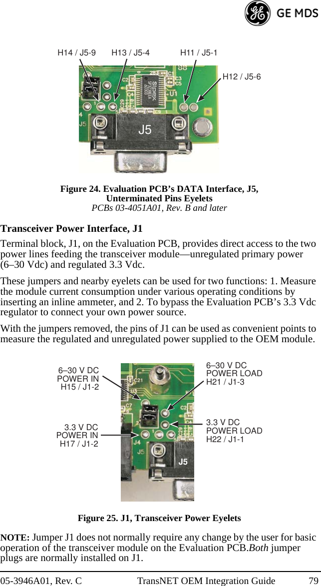 05-3946A01, Rev. C TransNET OEM Integration Guide 79Invisible place holderFigure 24. Evaluation PCB’s DATA Interface, J5, Unterminated Pins EyeletsPCBs 03-4051A01, Rev. B and later Transceiver Power Interface, J1Terminal block, J1, on the Evaluation PCB, provides direct access to the two power lines feeding the transceiver module—unregulated primary power (6–30 Vdc) and regulated 3.3 Vdc.These jumpers and nearby eyelets can be used for two functions: 1. Measure the module current consumption under various operating conditions by inserting an inline ammeter, and 2. To bypass the Evaluation PCB’s 3.3 Vdc regulator to connect your own power source.With the jumpers removed, the pins of J1 can be used as convenient points to measure the regulated and unregulated power supplied to the OEM module.Invisible place holderFigure 25. J1, Transceiver Power EyeletsNOTE: Jumper J1 does not normally require any change by the user for basic operation of the transceiver module on the Evaluation PCB.Both jumper plugs are normally installed on J1.H11 / J5-1H12 / J5-6H14 / J5-9 H13 / J5-4J56–30 V DCPOWER INH15 / J1-26–30 V DCPOWER LOADH21 / J1-33.3 V DCPOWER LOADH22 / J1-13.3 V DCPOWER INH17 / J1-2J5