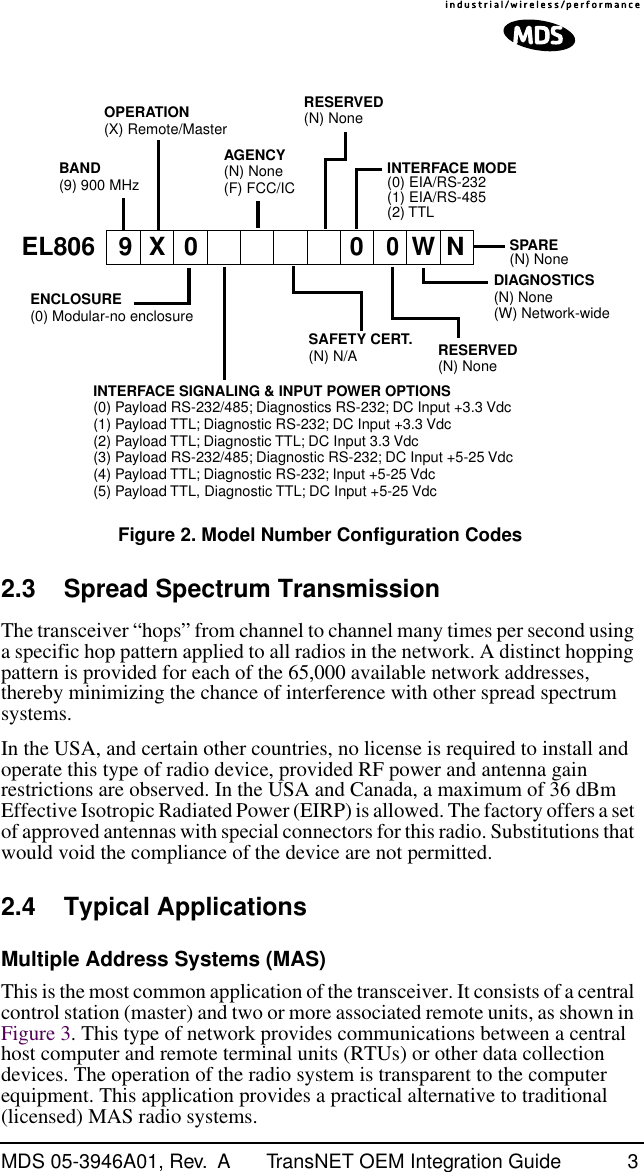  MDS 05-3946A01, Rev.  A TransNET OEM Integration Guide 3 Figure 2. Model Number Configuration Codes 2.3 Spread Spectrum Transmission The transceiver “hops” from channel to channel many times per second using a specific hop pattern applied to all radios in the network. A distinct hopping pattern is provided for each of the 65,000 available network addresses, thereby minimizing the chance of interference with other spread spectrum systems.In the USA, and certain other countries, no license is required to install and operate this type of radio device, provided RF power and antenna gain restrictions are observed. In the USA and Canada, a maximum of 36 dBm Effective Isotropic Radiated Power (EIRP) is allowed. The factory offers a set of approved antennas with special connectors for this radio. Substitutions that would void the compliance of the device are not permitted. 2.4 Typical Applications Multiple Address Systems (MAS) This is the most common application of the transceiver. It consists of a central control station (master) and two or more associated remote units, as shown in Figure 3. This type of network provides communications between a central host computer and remote terminal units (RTUs) or other data collection devices. The operation of the radio system is transparent to the computer equipment. This application provides a practical alternative to traditional (licensed) MAS radio systems.BAND(9) 900 MHzENCLOSURE(0) Modular-no enclosureAGENCY(N) None(F) FCC/ICSAFETY CERT.(N) N/ARESERVED(N) NoneOPERATION(X) Remote/MasterEL806INTERFACE SIGNALING &amp; INPUT POWER OPTIONS(0) Payload RS-232/485; Diagnostics RS-232; DC Input +3.3 Vdc(1) Payload TTL; Diagnostic RS-232; DC Input +3.3 Vdc(2) Payload TTL; Diagnostic TTL; DC Input 3.3 Vdc(3) Payload RS-232/485; Diagnostic RS-232; DC Input +5-25 Vdc(4) Payload TTL; Diagnostic RS-232; Input +5-25 Vdc(5) Payload TTL, Diagnostic TTL; DC Input +5-25 VdcRESERVED(N) NoneDIAGNOSTICS(N) None(W) Network-wideSPARE(N) None09N00XINTERFACE MODE(0) EIA/RS-232(1) EIA/RS-485(2) TTLW