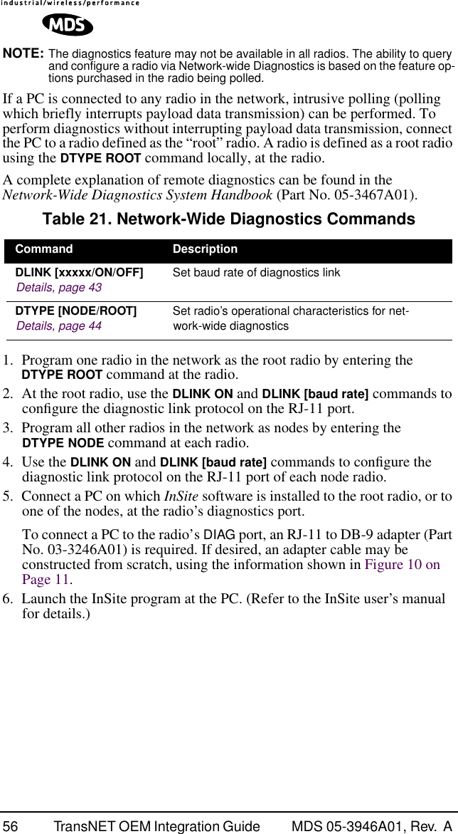 56 TransNET OEM Integration Guide  MDS 05-3946A01, Rev.  A NOTE: The diagnostics feature may not be available in all radios. The ability to query and configure a radio via Network-wide Diagnostics is based on the feature op-tions purchased in the radio being polled.If a PC is connected to any radio in the network, intrusive polling (polling which briefly interrupts payload data transmission) can be performed. To perform diagnostics without interrupting payload data transmission, connect the PC to a radio defined as the “root” radio. A radio is defined as a root radio using the DTYPE ROOT command locally, at the radio.A complete explanation of remote diagnostics can be found in the Network-Wide Diagnostics System Handbook (Part No. 05-3467A01).1. Program one radio in the network as the root radio by entering the DTYPE ROOT command at the radio.2. At the root radio, use the DLINK ON and DLINK [baud rate] commands to conﬁgure the diagnostic link protocol on the RJ-11 port.3. Program all other radios in the network as nodes by entering the DTYPE NODE command at each radio.4. Use the DLINK ON and DLINK [baud rate] commands to conﬁgure the diagnostic link protocol on the RJ-11 port of each node radio.5. Connect a PC on which InSite software is installed to the root radio, or to one of the nodes, at the radio’s diagnostics port.To connect a PC to the radio’s DIAG port, an RJ-11 to DB-9 adapter (Part No. 03-3246A01) is required. If desired, an adapter cable may be constructed from scratch, using the information shown in Figure 10 on Page 11.6. Launch the InSite program at the PC. (Refer to the InSite user’s manual for details.)Table 21. Network-Wide Diagnostics CommandsCommand DescriptionDLINK [xxxxx/ON/OFF]Details, page 43 Set baud rate of diagnostics linkDTYPE [NODE/ROOT]Details, page 44 Set radio’s operational characteristics for net-work-wide diagnostics