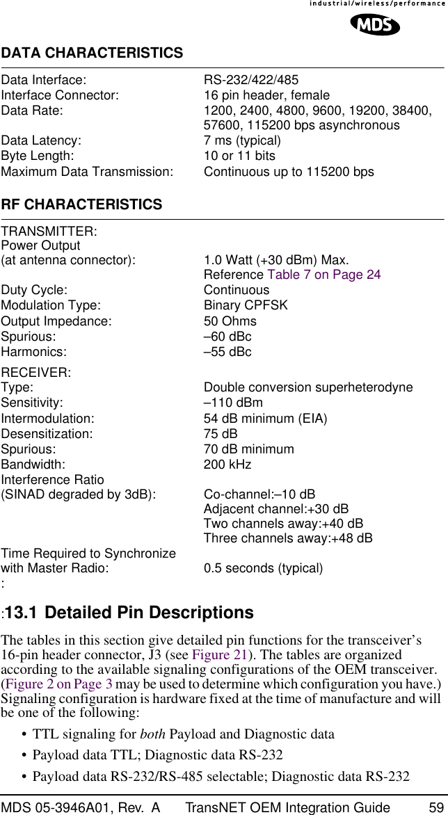 MDS 05-3946A01, Rev.  A TransNET OEM Integration Guide 59DATA CHARACTERISTICSData Interface: RS-232/422/485Interface Connector: 16 pin header, femaleData Rate: 1200, 2400, 4800, 9600, 19200, 38400, 57600, 115200 bps asynchronousData Latency: 7 ms (typical)Byte Length: 10 or 11 bitsMaximum Data Transmission: Continuous up to 115200 bpsRF CHARACTERISTICSTRANSMITTER:Power Output(at antenna connector): 1.0 Watt (+30 dBm) Max. Reference Table 7 on Page 24Duty Cycle: ContinuousModulation Type: Binary CPFSKOutput Impedance: 50 OhmsSpurious: –60 dBcHarmonics: –55 dBcRECEIVER:Type: Double conversion superheterodyneSensitivity: –110 dBmIntermodulation: 54 dB minimum (EIA)Desensitization: 75 dBSpurious: 70 dB minimumBandwidth: 200 kHzInterference Ratio(SINAD degraded by 3dB): Co-channel:–10 dBAdjacent channel:+30 dBTwo channels away:+40 dBThree channels away:+48 dBTime Required to Synchronizewith Master Radio: 0.5 seconds (typical)::13.1 Detailed Pin DescriptionsThe tables in this section give detailed pin functions for the transceiver’s 16-pin header connector, J3 (see Figure 21). The tables are organized according to the available signaling configurations of the OEM transceiver. (Figure 2 on Page 3 may be used to determine which configuration you have.) Signaling configuration is hardware fixed at the time of manufacture and will be one of the following:• TTL signaling for both Payload and Diagnostic data• Payload data TTL; Diagnostic data RS-232• Payload data RS-232/RS-485 selectable; Diagnostic data RS-232