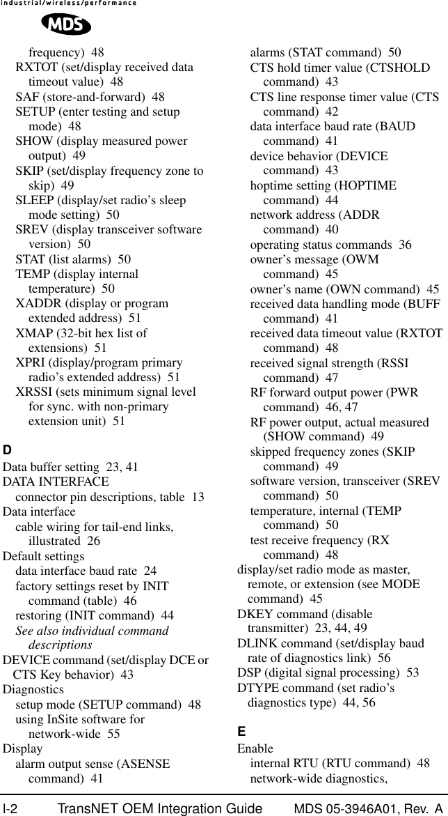 I-2 TransNET OEM Integration Guide MDS 05-3946A01, Rev.  A frequency) 48RXTOT (set/display received data timeout value) 48SAF (store-and-forward) 48SETUP (enter testing and setup mode) 48SHOW (display measured power output) 49SKIP (set/display frequency zone to skip) 49SLEEP (display/set radio’s sleep mode setting) 50SREV (display transceiver software version) 50STAT (list alarms) 50TEMP (display internal temperature) 50XADDR (display or program extended address) 51XMAP (32-bit hex list of extensions) 51XPRI (display/program primary radio’s extended address) 51XRSSI (sets minimum signal level for sync. with non-primary extension unit) 51DData buffer setting 23, 41DATA INTERFACEconnector pin descriptions, table 13Data interfacecable wiring for tail-end links, illustrated 26Default settingsdata interface baud rate 24factory settings reset by INIT command (table) 46restoring (INIT command) 44See also individual command descriptionsDEVICE command (set/display DCE or CTS Key behavior) 43Diagnosticssetup mode (SETUP command) 48using InSite software for network-wide 55Displayalarm output sense (ASENSE command) 41alarms (STAT command) 50CTS hold timer value (CTSHOLD command) 43CTS line response timer value (CTS command) 42data interface baud rate (BAUD command) 41device behavior (DEVICE command) 43hoptime setting (HOPTIME command) 44network address (ADDR command) 40operating status commands 36owner’s message (OWM command) 45owner’s name (OWN command) 45received data handling mode (BUFF command) 41received data timeout value (RXTOT command) 48received signal strength (RSSI command) 47RF forward output power (PWR command) 46, 47RF power output, actual measured (SHOW command) 49skipped frequency zones (SKIP command) 49software version, transceiver (SREV command) 50temperature, internal (TEMP command) 50test receive frequency (RX command) 48display/set radio mode as master, remote, or extension (see MODE command) 45DKEY command (disable transmitter) 23, 44, 49DLINK command (set/display baud rate of diagnostics link) 56DSP (digital signal processing) 53DTYPE command (set radio’s diagnostics type) 44, 56EEnableinternal RTU (RTU command) 48network-wide diagnostics, 