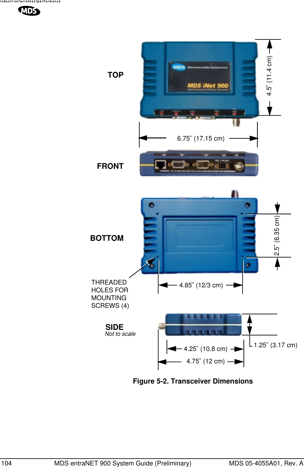 104 MDS entraNET 900 System Guide (Preliminary) MDS 05-4055A01, Rev. AFigure 5-2. Transceiver Dimensions4.25˝ (10.8 cm)4.75˝ (12 cm)1.25˝ (3.17 cm)6.75˝ (17.15 cm)4.5˝ (11.4 cm)TOPSIDEBOTTOM2.5˝ (6.35 cm)4.85˝ (12/3 cm)THREADEDHOLES FORMOUNTINGSCREWS (4)Not to scaleFRONT