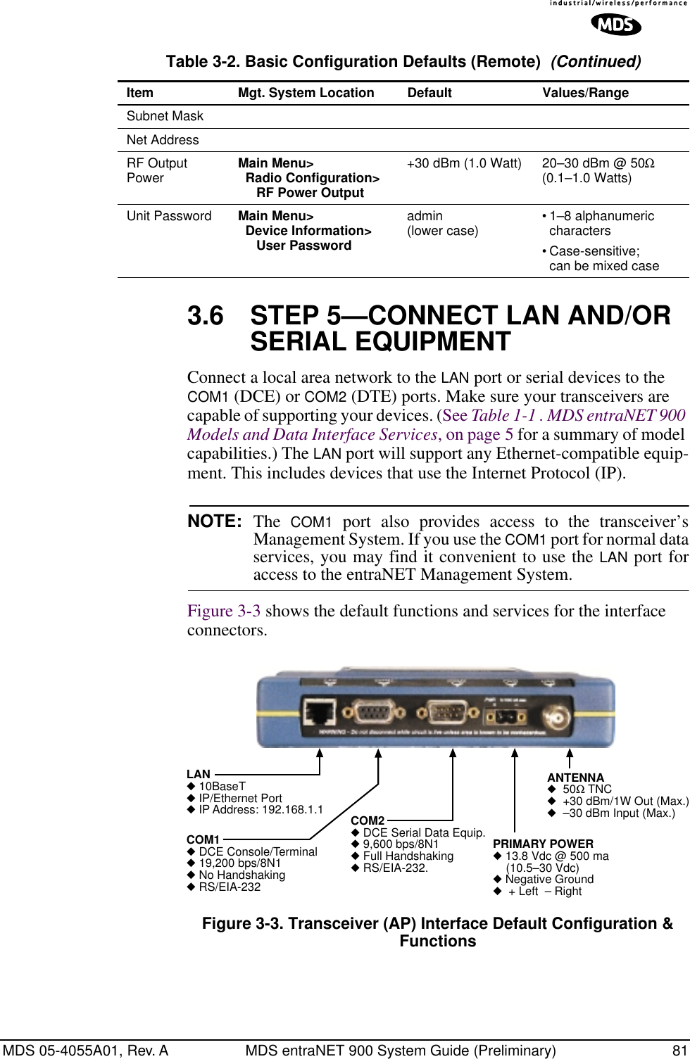 MDS 05-4055A01, Rev. A MDS entraNET 900 System Guide (Preliminary) 813.6 STEP 5—CONNECT LAN AND/OR SERIAL EQUIPMENTConnect a local area network to the LAN port or serial devices to the COM1 (DCE) or COM2 (DTE) ports. Make sure your transceivers are capable of supporting your devices. (See Table 1-1 . MDS entraNET 900 Models and Data Interface Services, on page 5 for a summary of model capabilities.) The LAN port will support any Ethernet-compatible equip-ment. This includes devices that use the Internet Protocol (IP).NOTE: The  COM1 port also provides access to the transceiver’sManagement System. If you use the COM1 port for normal dataservices, you may find it convenient to use the LAN port foraccess to the entraNET Management System.Figure 3-3 shows the default functions and services for the interface connectors.Invisible place holderFigure 3-3. Transceiver (AP) Interface Default Configuration &amp; FunctionsSubnet MaskNet AddressRF Output Power Main Menu&gt;  Radio Configuration&gt;     RF Power Output+30 dBm (1.0 Watt) 20–30 dBm @ 50Ω (0.1–1.0 Watts)Unit Password Main Menu&gt;  Device Information&gt;     User Passwordadmin (lower case) •1–8 alphanumeric characters •Case-sensitive; can be mixed caseTable 3-2. Basic Configuration Defaults (Remote)  (Continued)Item Mgt. System Location Default Values/RangeCOM2◆ DCE Serial Data Equip.◆ 9,600 bps/8N1◆ Full Handshaking◆ RS/EIA-232.LAN◆ 10BaseT◆ IP/Ethernet Port◆IP Address: 192.168.1.1COM1◆DCE Console/Terminal◆ 19,200 bps/8N1◆No Handshaking◆ RS/EIA-232PRIMARY POWER◆ 13.8 Vdc @ 500 ma (10.5–30 Vdc)◆ Negative Ground◆  + Left  – RightANTENNA◆  50Ω TNC◆  +30 dBm/1W Out (Max.)◆  –30 dBm Input (Max.)