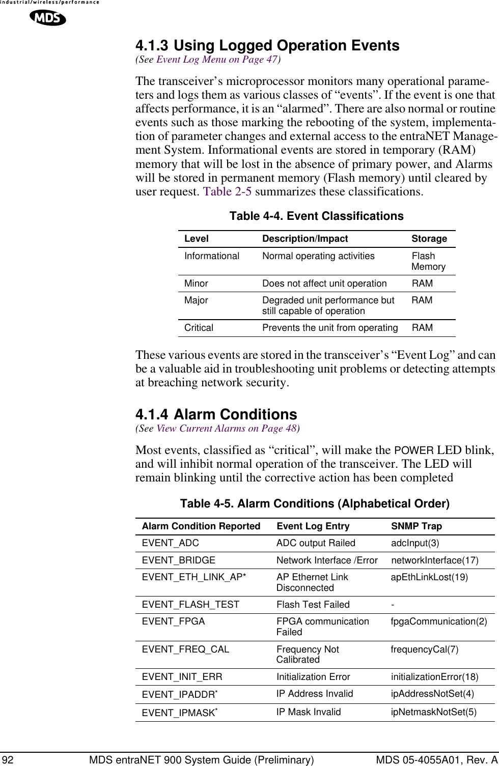 92 MDS entraNET 900 System Guide (Preliminary) MDS 05-4055A01, Rev. A4.1.3 Using Logged Operation Events(See Event Log Menu on Page 47)The transceiver’s microprocessor monitors many operational parame-ters and logs them as various classes of “events”. If the event is one that affects performance, it is an “alarmed”. There are also normal or routine events such as those marking the rebooting of the system, implementa-tion of parameter changes and external access to the entraNET Manage-ment System. Informational events are stored in temporary (RAM) memory that will be lost in the absence of primary power, and Alarms will be stored in permanent memory (Flash memory) until cleared by user request. Table 2-5 summarizes these classifications. These various events are stored in the transceiver’s “Event Log” and can be a valuable aid in troubleshooting unit problems or detecting attempts at breaching network security.4.1.4 Alarm Conditions(See View Current Alarms on Page 48)Most events, classified as “critical”, will make the POWER LED blink, and will inhibit normal operation of the transceiver. The LED will remain blinking until the corrective action has been completedTable 4-4. Event ClassificationsLevel Description/Impact StorageInformational Normal operating activities Flash MemoryMinor Does not affect unit operation RAMMajor Degraded unit performance but still capable of operation RAMCritical Prevents the unit from operating RAMTable 4-5. Alarm Conditions (Alphabetical Order) Alarm Condition Reported Event Log Entry SNMP TrapEVENT_ADC ADC output Railed adcInput(3)EVENT_BRIDGE Network Interface /Error networkInterface(17)EVENT_ETH_LINK_AP* AP Ethernet Link Disconnected apEthLinkLost(19)EVENT_FLASH_TEST Flash Test Failed -EVENT_FPGA FPGA communication Failed fpgaCommunication(2)EVENT_FREQ_CAL Frequency Not Calibrated frequencyCal(7)EVENT_INIT_ERR Initialization Error initializationError(18)EVENT_IPADDR*IP Address Invalid ipAddressNotSet(4)EVENT_IPMASK*IP Mask Invalid ipNetmaskNotSet(5)