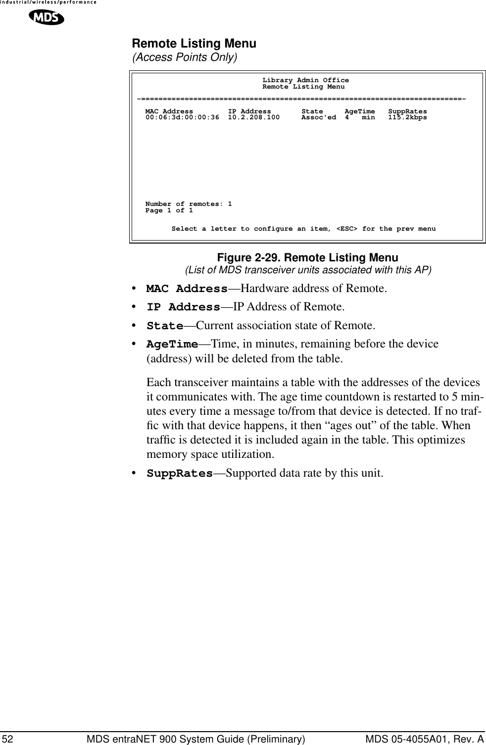 52 MDS entraNET 900 System Guide (Preliminary) MDS 05-4055A01, Rev. ARemote Listing Menu(Access Points Only)  Figure 2-29. Remote Listing Menu(List of MDS transceiver units associated with this AP)•MAC Address—Hardware address of Remote.•IP Address—IP Address of Remote.•State—Current association state of Remote.•AgeTime—Time, in minutes, remaining before the device (address) will be deleted from the table.Each transceiver maintains a table with the addresses of the devices it communicates with. The age time countdown is restarted to 5 min-utes every time a message to/from that device is detected. If no traf-ﬁc with that device happens, it then “ages out” of the table. When trafﬁc is detected it is included again in the table. This optimizes memory space utilization.•SuppRates—Supported data rate by this unit.                             Library Admin Office                             Remote Listing Menu -==========================================================================-  MAC Address        IP Address       State     AgeTime   SuppRates  00:06:3d:00:00:36  10.2.208.100     Assoc&apos;ed  4   min   115.2kbps  Number of remotes: 1  Page 1 of 1        Select a letter to configure an item, &lt;ESC&gt; for the prev menu